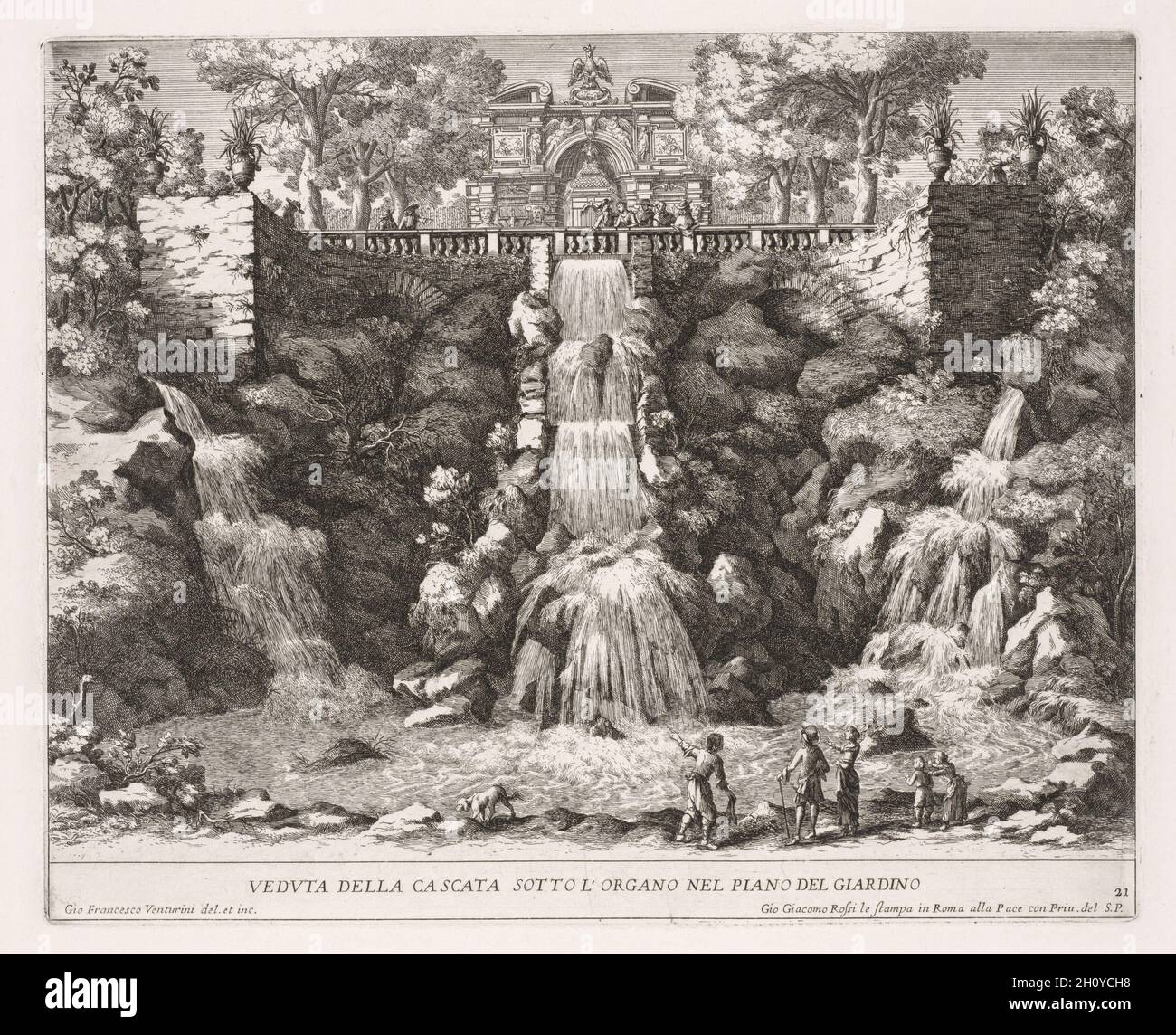 Le fontane di Roma, Libro IV, Plate 21: Vista della cascata sotto l'organo dal Giardino (Veduta della Cascata sotto l'organo nel piano del Giardino), 1676-1700. Giovanni Francesco Venturini (italiano, 1650-1710), Stamperia Giovanni Giacomo de Rossi (italiano, 1600-1750). Incisione; Foto Stock