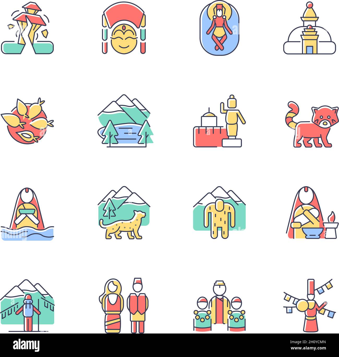 Nepal patrimonio culturale RGB icone a colori set Illustrazione Vettoriale