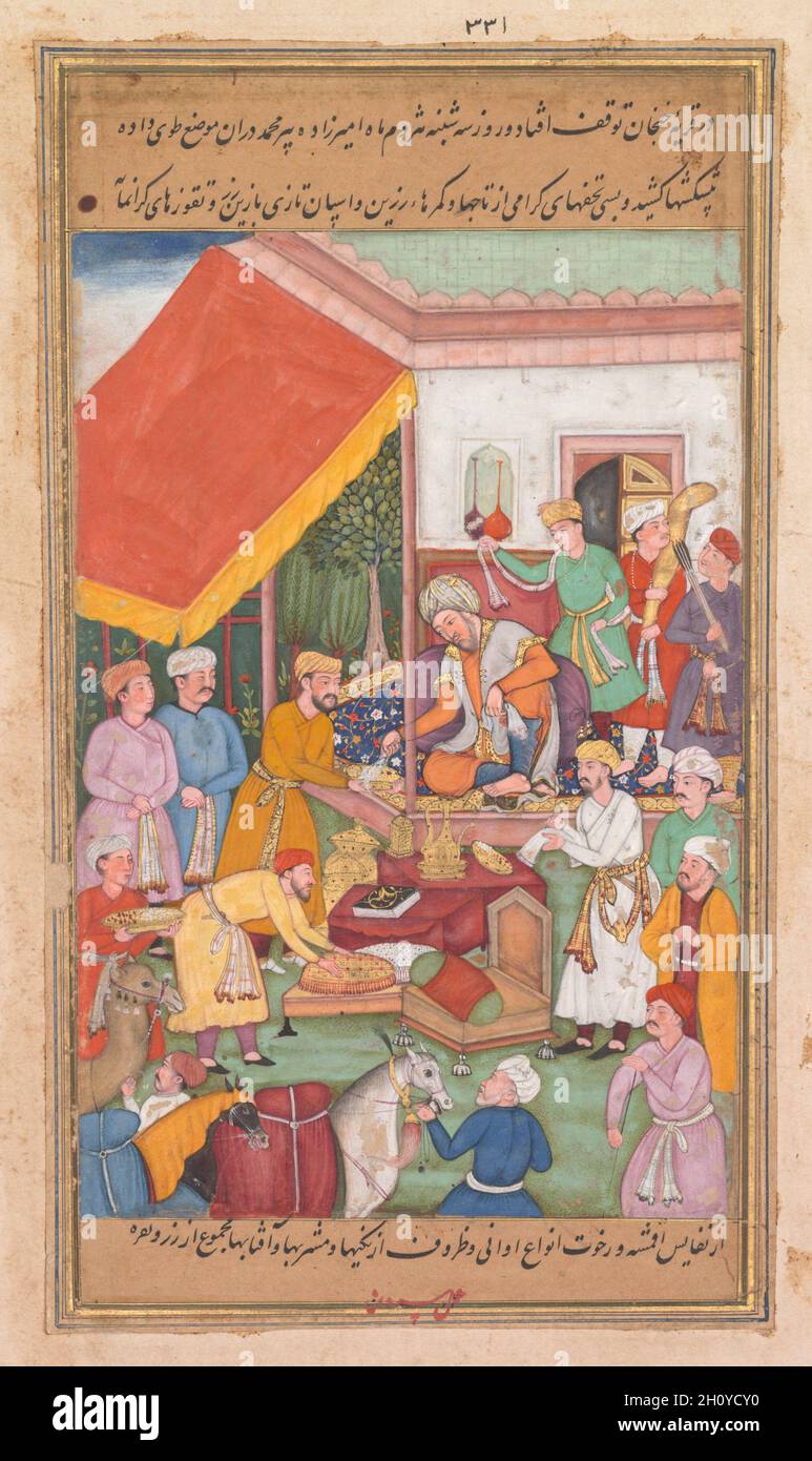 Timur distribuisce doni dal nipote, il Principe di Multan, da uno Zafar-nama (Libro delle vittorie), 1598-1600. Shravana (indiana). Acquerello opaco, inchiostro e oro su carta; foglio: 28.2 x 20.2 cm (11 1/8 x 7 15/16 poll.); immagine: 14.7 x 9.8 cm (5 13/16 x 3 7/8 poll.). Lo Zafar-nama, una biografia di Timur che lodava le sue realizzazioni, fu scritto in Persiano e completato circa 20 anni dopo la sua morte. L'autore era un eminente studioso e consigliere di un nipote di Timur che gli successe come governatore dell'Impero Timuride. Gli imperatori Mughal hanno apprezzato le loro copie dello Zafar-nama e hanno fatto riferimento Foto Stock