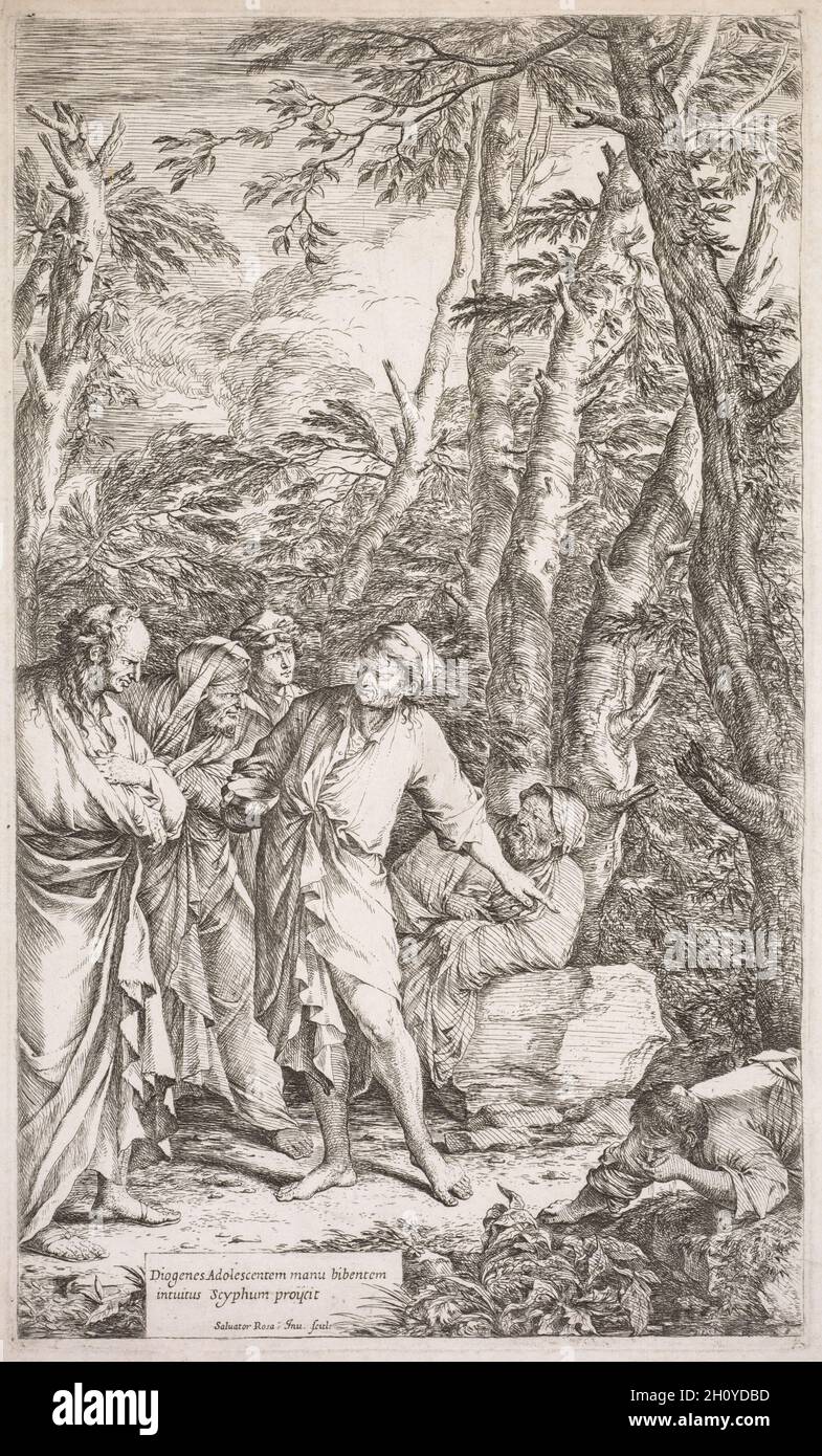 Diogenes e la sua Coppa, 1662. Salvator Rosa (italiano, 1615-1673). Acquaforte; Diogenes era un filosofo greco antico che ha valutato la povertà ed ha shunned i beni mondani, nella misura in cui ha scartato la sua ciotola bevente quando ha osservato un giovane che beve l'acqua dalle mani tagliate, come illustrato qui. La stampa è stata fatta dall'eccentrico artista napoletano Salvator Rosa, che ha respinto il tradizionale patrocinio per concentrarsi su temi che lo interessano. Il posizionamento della narrazione in un paesaggio lussureggiante è tipico dell’approccio di Rosa, così come l’enfasi sui principi non convenzionali del suo soggetto, cioè Foto Stock