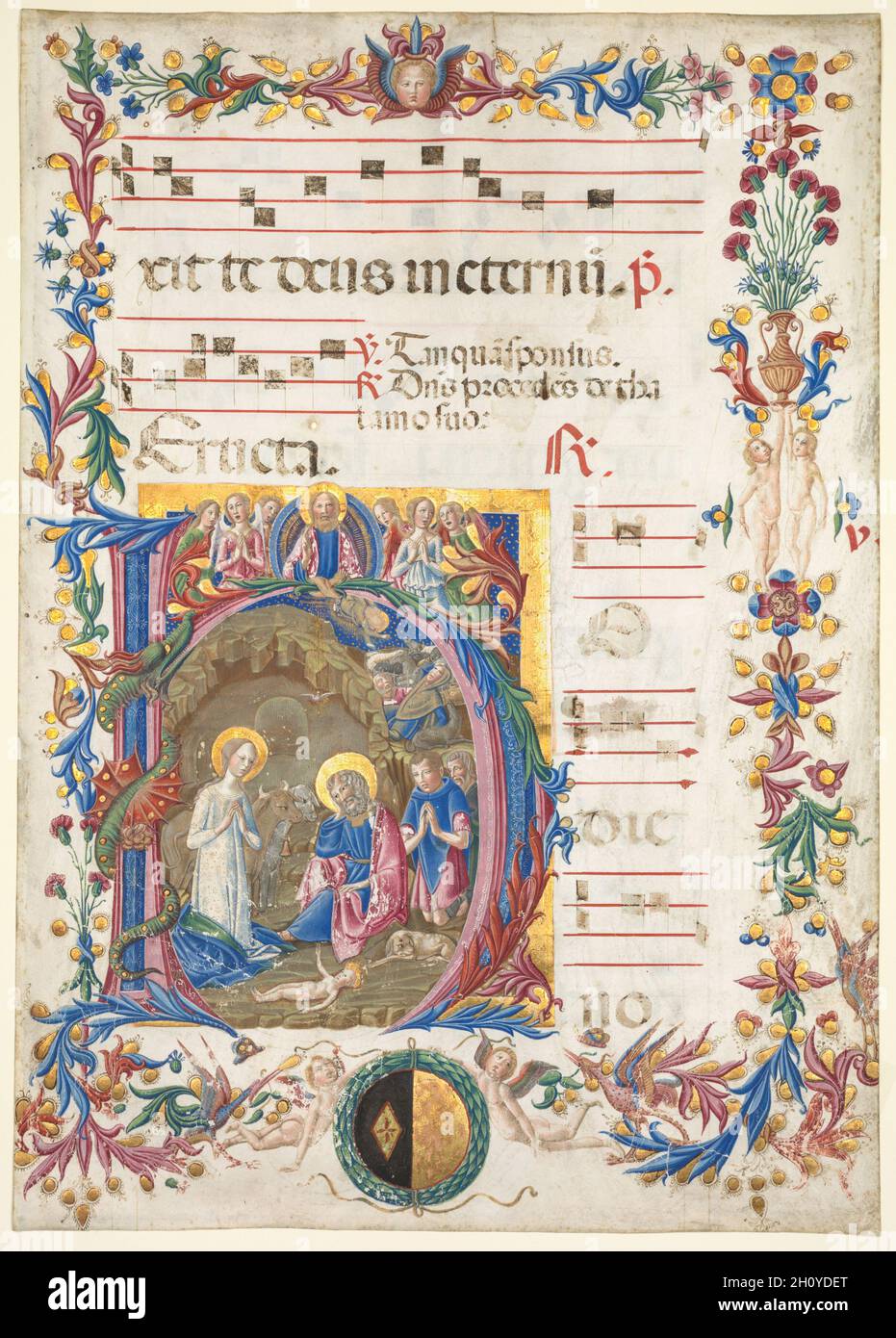Foglia singola di un Antiphonario: H[odie nobis] iniziale con ...