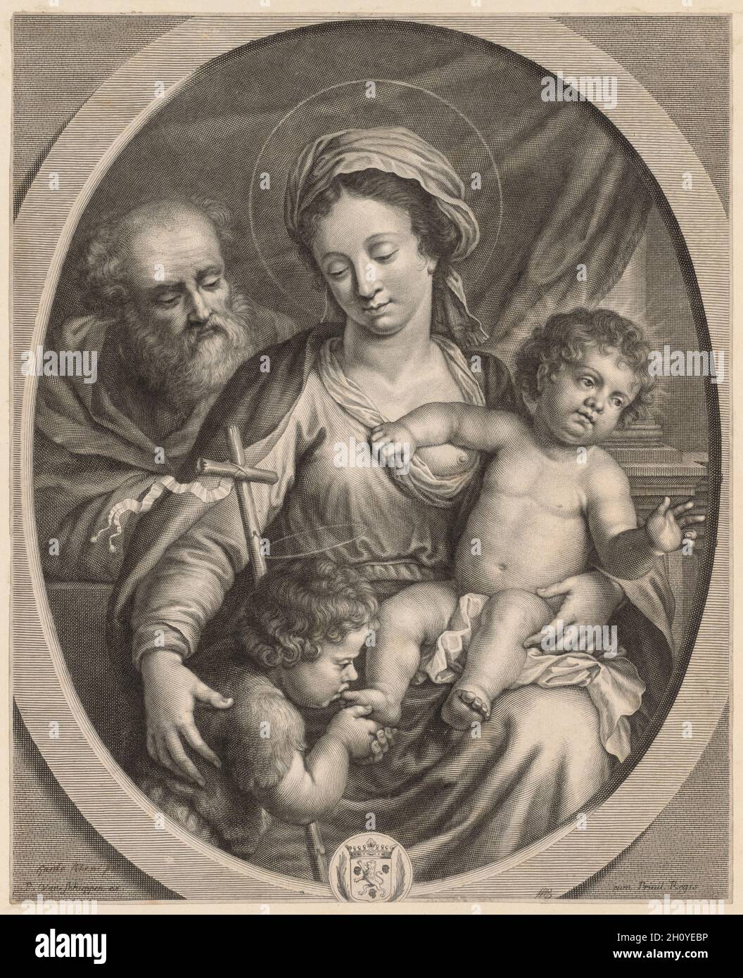 Santa Famiglia e S. Giovanni, 1650-1700. Pierre Louis van Schuppen (Fiammingo, 1627-1702), dopo Guido reni (italiano, 1575-1642). Incisione; Foto Stock