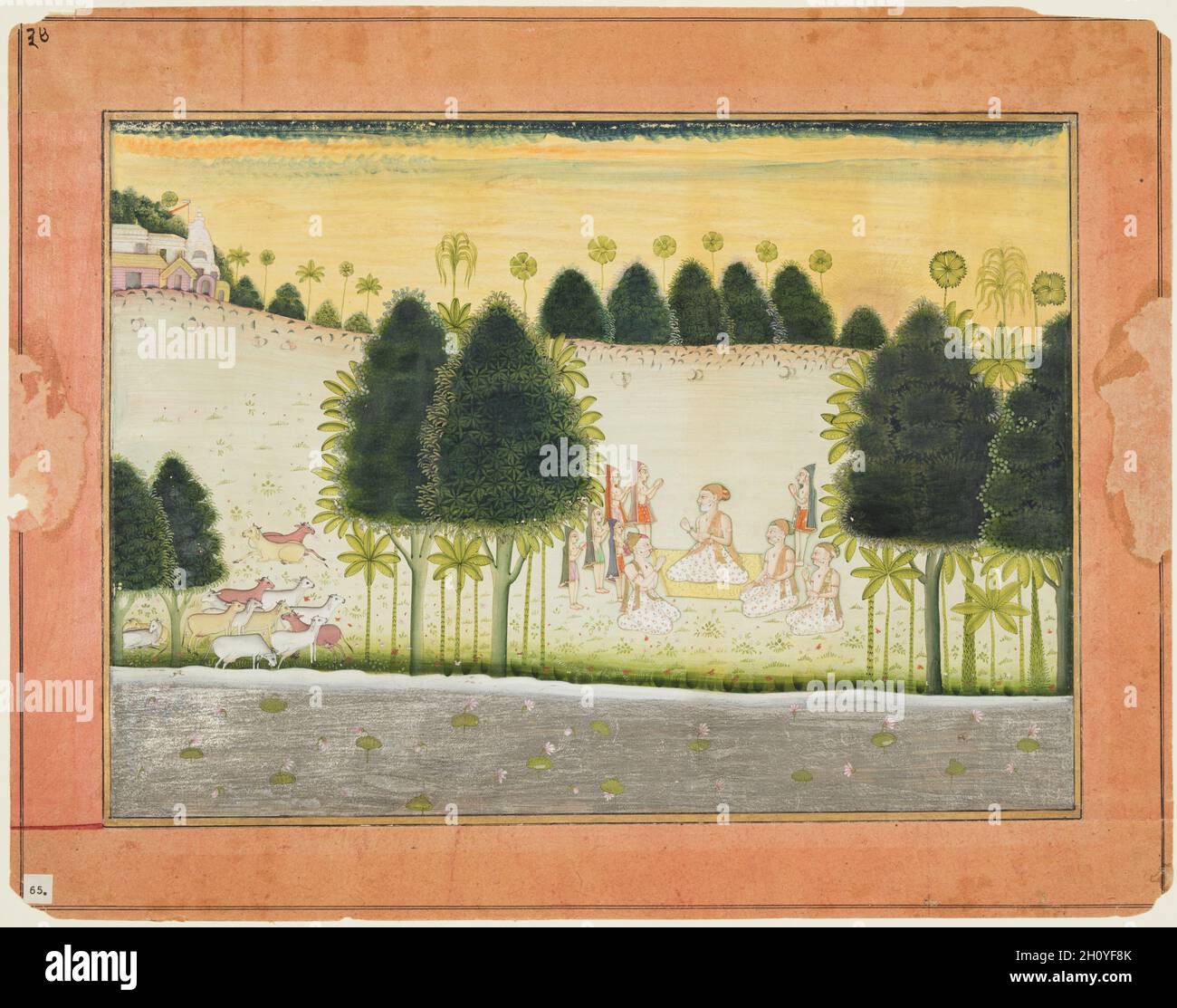 Nanda e gli anziani in consiglio con i Cowherds, da un Bhagavata Purana, c.. 1690-1700. India nordoccidentale, Rajasthan, Rajput Regno di Bikaner. Gomma tempera, argento e oro su carta; pagina: 30 x 38 cm (11 13/16 x 14 15/16 poll.); miniatura: 22.5 x 31.1 cm (8 7/8 x 12 1/4 poll.). Le tonalità luminose e il trattamento squisito delle figure e della vegetazione trasportano lo spettatore al regno mitico del dio indù Krishna. Nanda, il capo anziano del villaggio dei cowherder, siede in mezzo al consiglio del villaggio, più grande degli altri. Dopo aver testimoniano le attività divine e superumane di Krishna, la cowherde Foto Stock