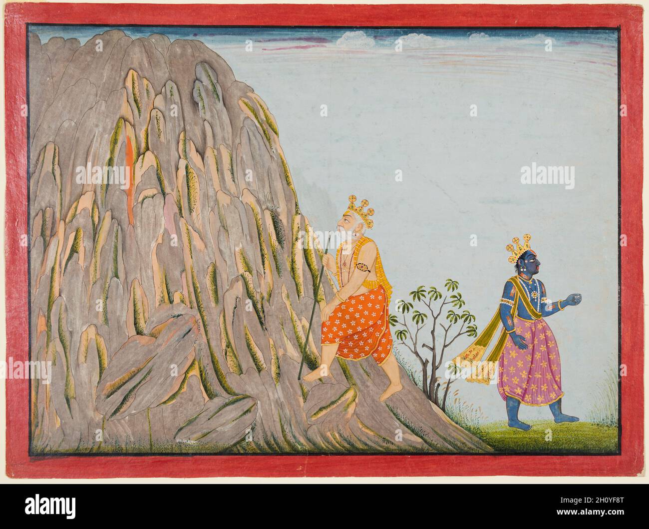 Il re Muchukunda entra nel regno del monte Gandhamadana per ottenere la salvezza, dal “Fifth Basohli Bhagavata Purana”, 1769. Attribuito a Fattu (indiano). Tempera gommosa, oro e argento su carta; pagina: 30.3 x 40.7 cm (11 15/16 x 16 pollici); immagine: 27.1 x 37.5 cm (10 11/16 x 14 3/4 pollici). Secondo la mitologia indù, Muchukunda, l'uomo vestito di zafferano, si addormentò in una grotta e dormì per migliaia di anni. Quando finalmente si svegliò, Krishna apparve e gli consigliò di compiere penitenza per purificare i peccati accumulati e raggiungere la liberazione. Andò al Monte Gandhamadana, sulla costa orientale dell’India, a. Foto Stock