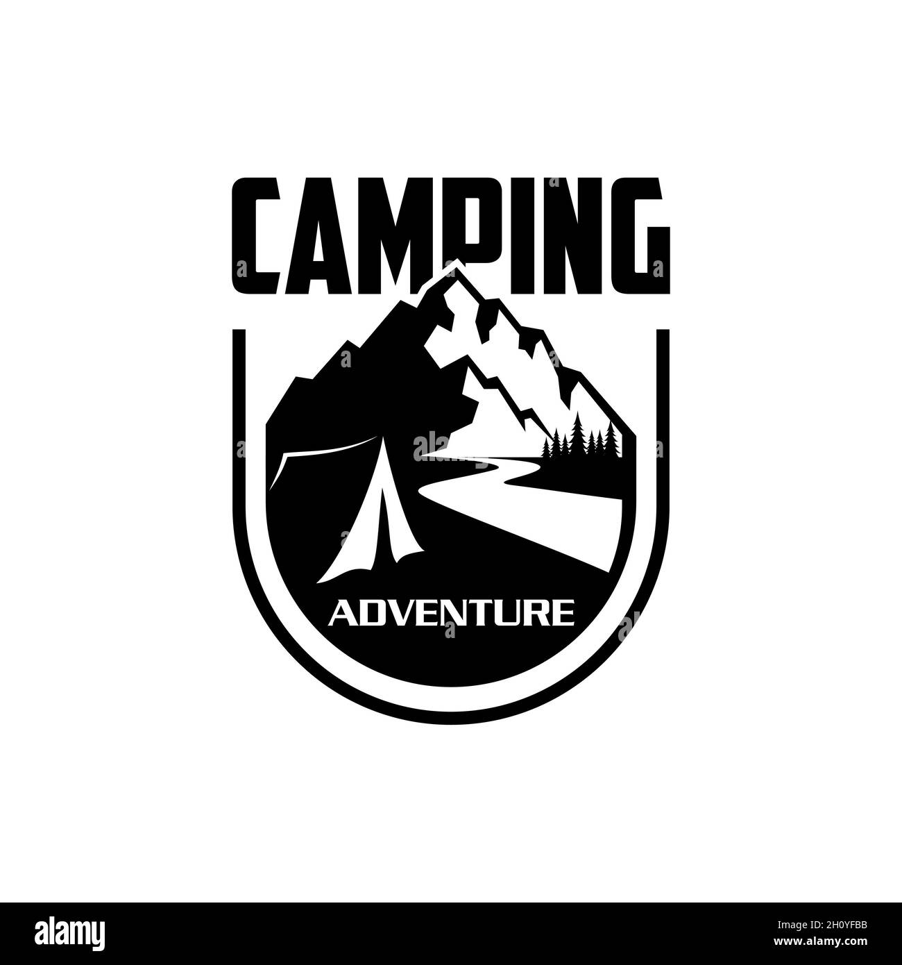 Tenda con montagna sullo sfondo, logo design relativo all'attività all'aperto Foto Stock