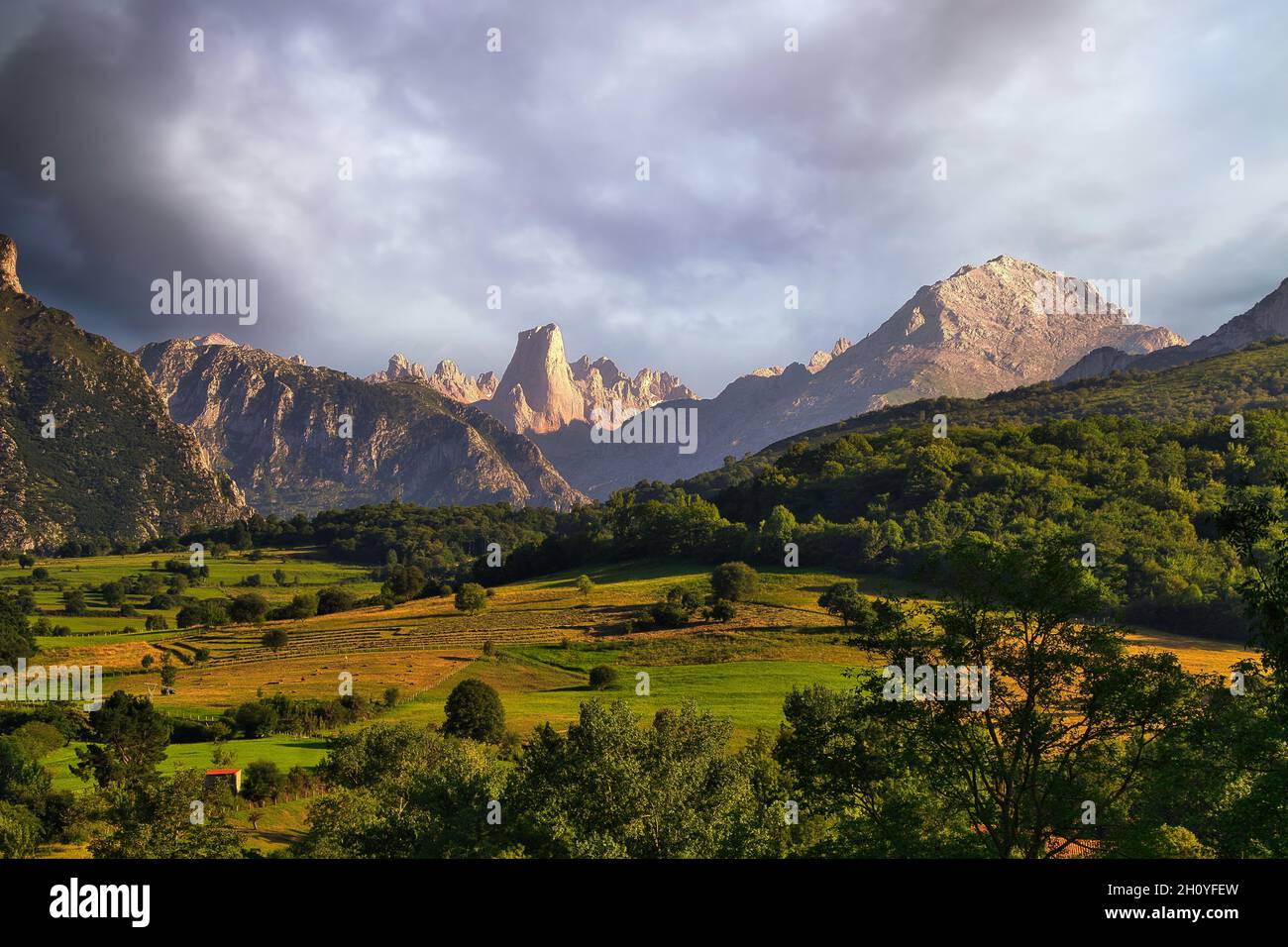 Bella scena di montagne, pascoli verdi sotto un cielo blu nuvoloso a Naranjo de Bulnes, Spagna Foto Stock