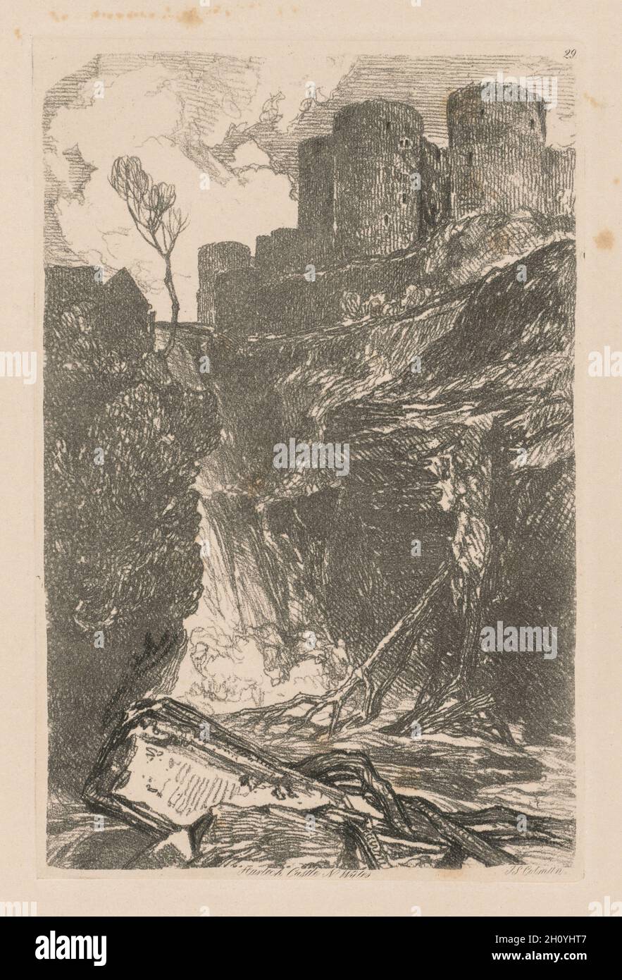 Liber Studiorum: piastra 29, Harlech Castle, N. Wales, 1838. John Sell Cotman (British, 1782-1842). Attacco Softground, a partire da un volume rilegato contenente 48 piastre; foglio: 49,6 x 32 cm (19 1/2 x 12 5/8 in.); platemark: 18,9 x 12,5 cm (7 7/16 x 4 15/16 in.). Foto Stock