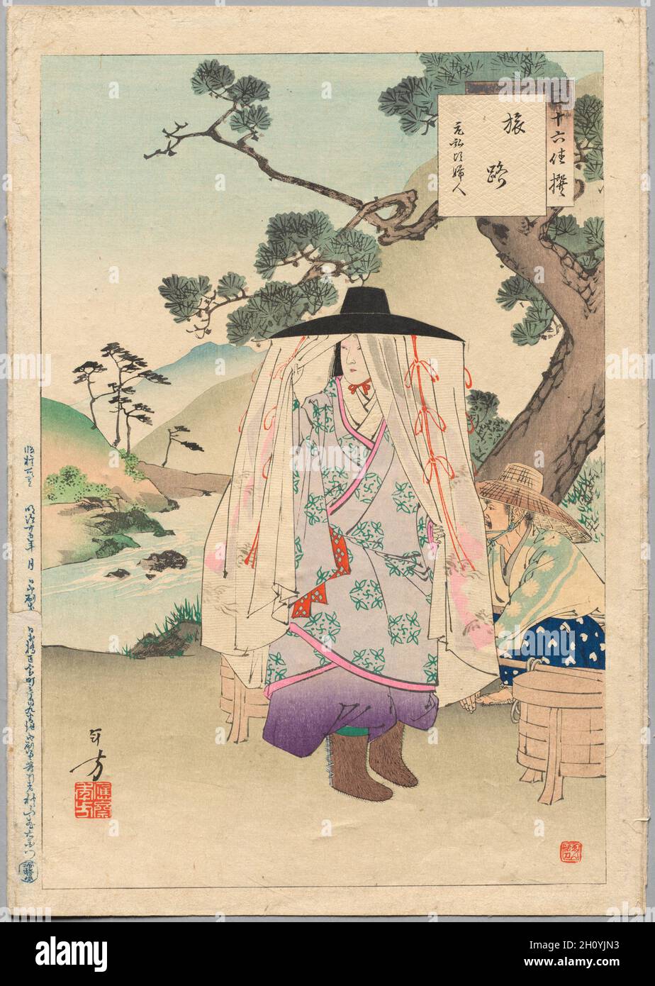 On the Road, A Lady of the Genkō era (1313-34), dalla serie trentasei eleganti selezioni, 1894. Mizuno Toshikata (Giapponese, 1866-1908). Stampa a blocchi di legno, inchiostro e colore su carta; ciascuna delle stampe della serie trentasei eleganti selezioni presenta una donna di un periodo diverso, come si addice a un artista che era interessato alla pittura di storia. La maggior parte delle stampe è impostata nel periodo Edo (1615–1868). Mizuno Toshikata fu uno studente favorito di Tsukioka Yoshitoshi (1839–1892), e prese il suo posto come illustratore di giornali. Foto Stock