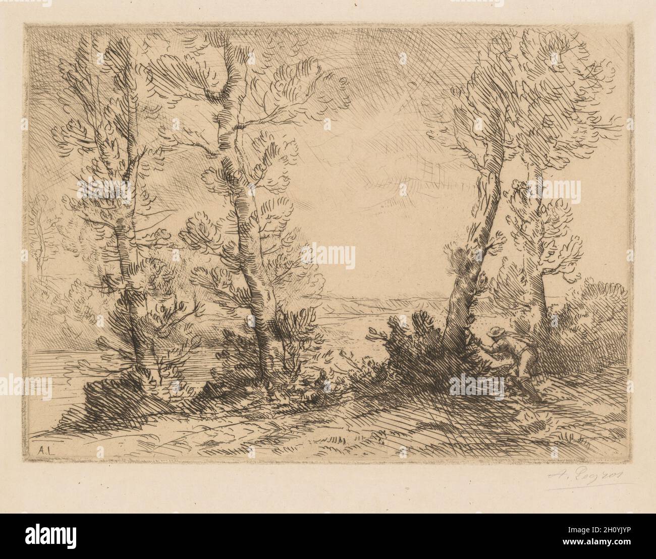 Il pescatore di salmone (le Pêcheur du Saumon), c.. 1880. Alphonse Legros (francese, 1837-1911). Incisione su carta in vove; platemark: 26.4 x 36.5 cm (10 3/8 x 14 3/8 poll.); foglio: 38.6 x 53.6 cm (15 3/16 x 21 1/8 poll.). Foto Stock