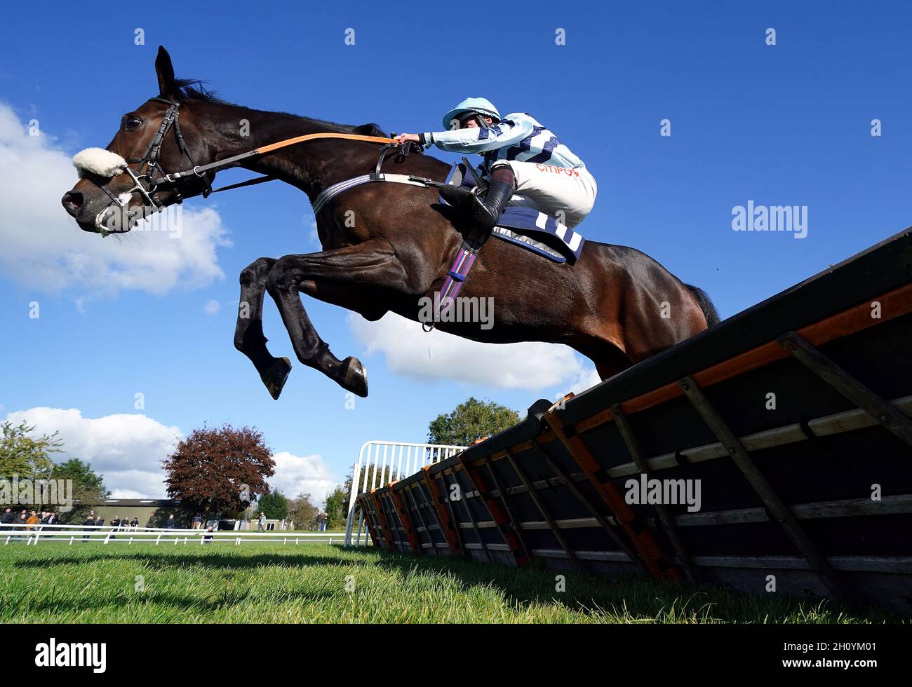 Heritier guidato dal jockey Henry Brooke cancellare una recinzione durante il Cazoo British EBF 'National Hunt' Novices' ostacoli all'ippodromo di Uttoxeter. Data foto: Venerdì 15 ottobre 2021. Foto Stock