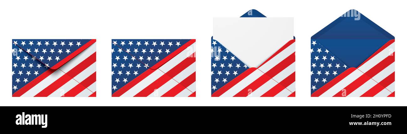 Busta con bandiera USA isolata su sfondo bianco. Set vettoriale di cartelle piegate e non piegate con stampa con indicatore US. Illustrazione Vettoriale