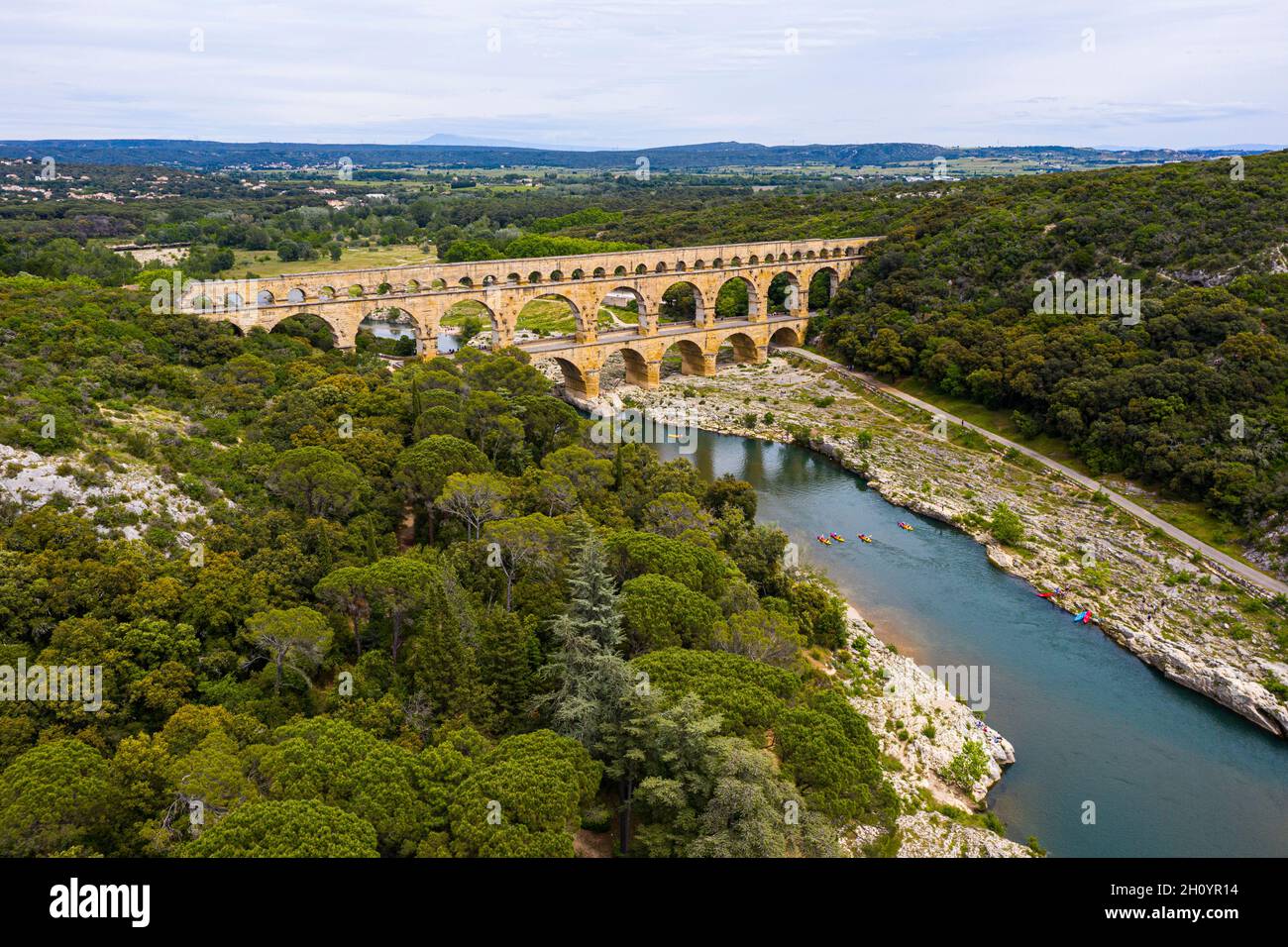 Acquedotto romano, Pont-du-Gard, Languedoc-Roussillon Francia, vista aerea Foto Stock