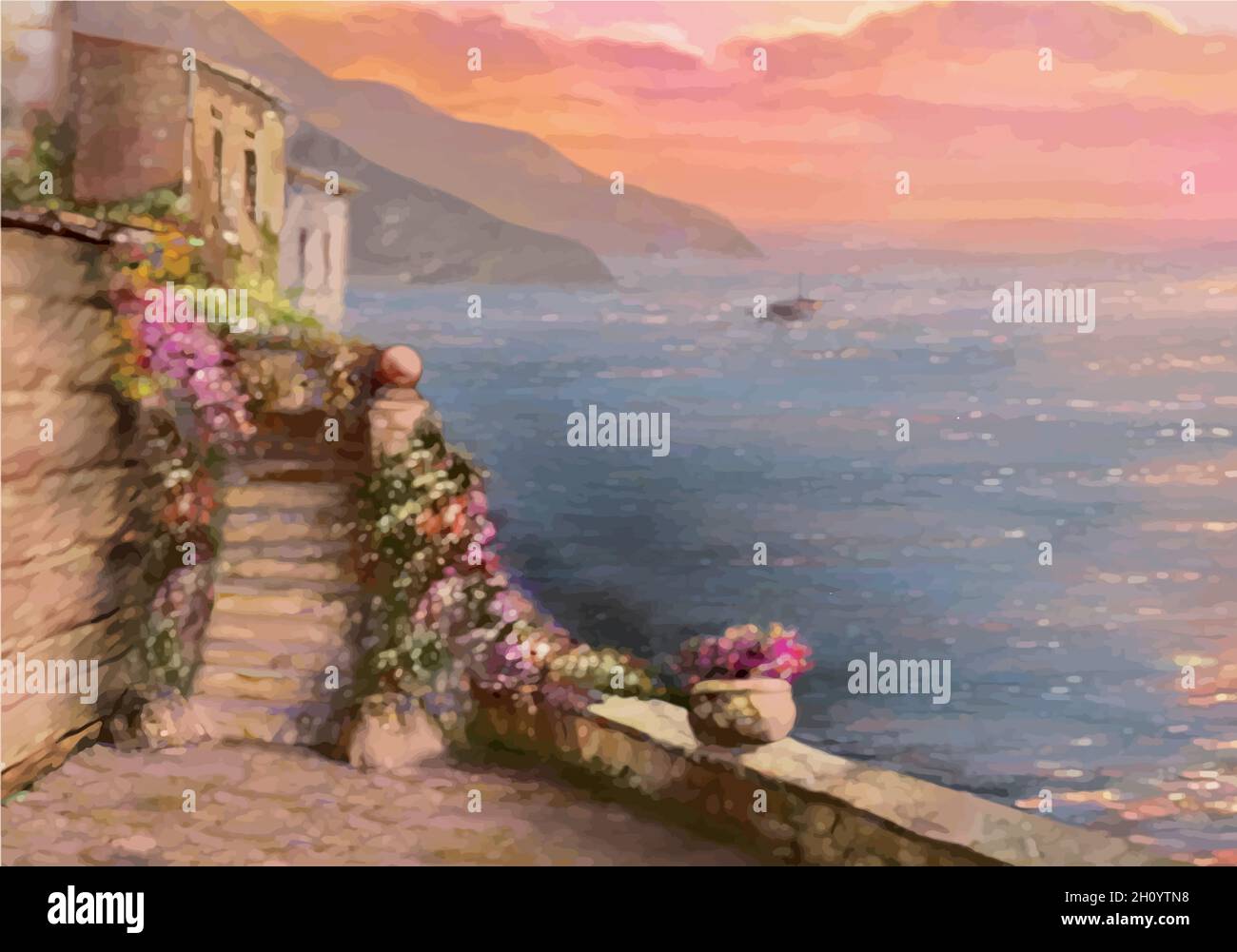 paesaggio estivo marino, veranda con scale e aiuole. Illustrazione vettoriale Illustrazione Vettoriale