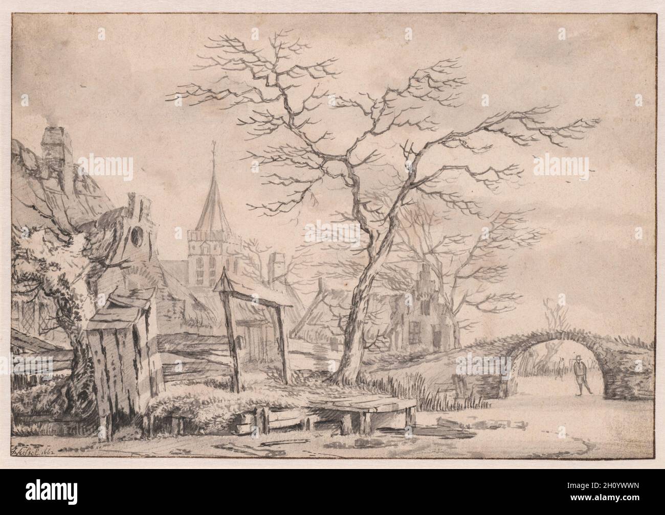 Paesaggio invernale con skater, 1662. Jan van Kessel (olandese, 1641-1680). Spazzola e inchiostro nero e grigio lavano su gesso nero su carta cremosa; linea di incorniciatura con inchiostro marrone; foglio: 17.8 x 25.8 cm (7 x 10 3/16 poll.). In questo disegno, il pittore olandese del paesaggio Jan van Kessel ha raffigurato una scena rurale rustica che mostra capannoni di deflusso accanto ad un canale ghiacciato con una piccola chiesa di villaggio oltre. Uno skater scivola sotto un ponte di pietra. Queste scene di paesaggio rurale, considerate fondamentalmente olandesi, sono diventate il centro della scuola olandese di paesaggio nel 17 ° secolo. Van Kessel era anche noto per i suoi alberi; Th Foto Stock
