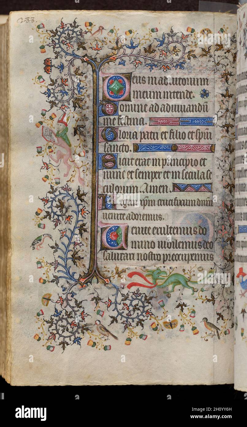 Ore di Carlo il Nobile, Re di Navarra (1361-1425): Fol. 144r, testo, c.. 1405. Comandante delle iniziali e degli associati di Bruxelles (francese). Inchiostro, tempera e oro su vellum; codice: 20.3 x 15.7 x 7 cm (8 x 6 3/16 x 2 3/4 pollici). Questo prezioso volume è stato ovviamente molto apprezzato dal suo proprietario, il re francese di Navarra, che aveva il suo stemma dipinto su non meno di venti foglietti. Piuttosto che commissionare direttamente questo manoscritto da un laboratorio specifico, sembra che Carlo il Nobile acquistasse il suo libro di ore -- forse pronto per il mercato di lusso -- mentre in un viaggio a Parigi in 14 Foto Stock