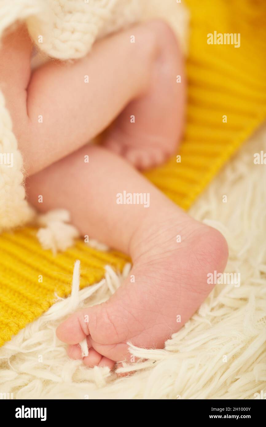 i piedi del neonato carino su un'immagine di primo piano in pelliccia bianca Foto Stock