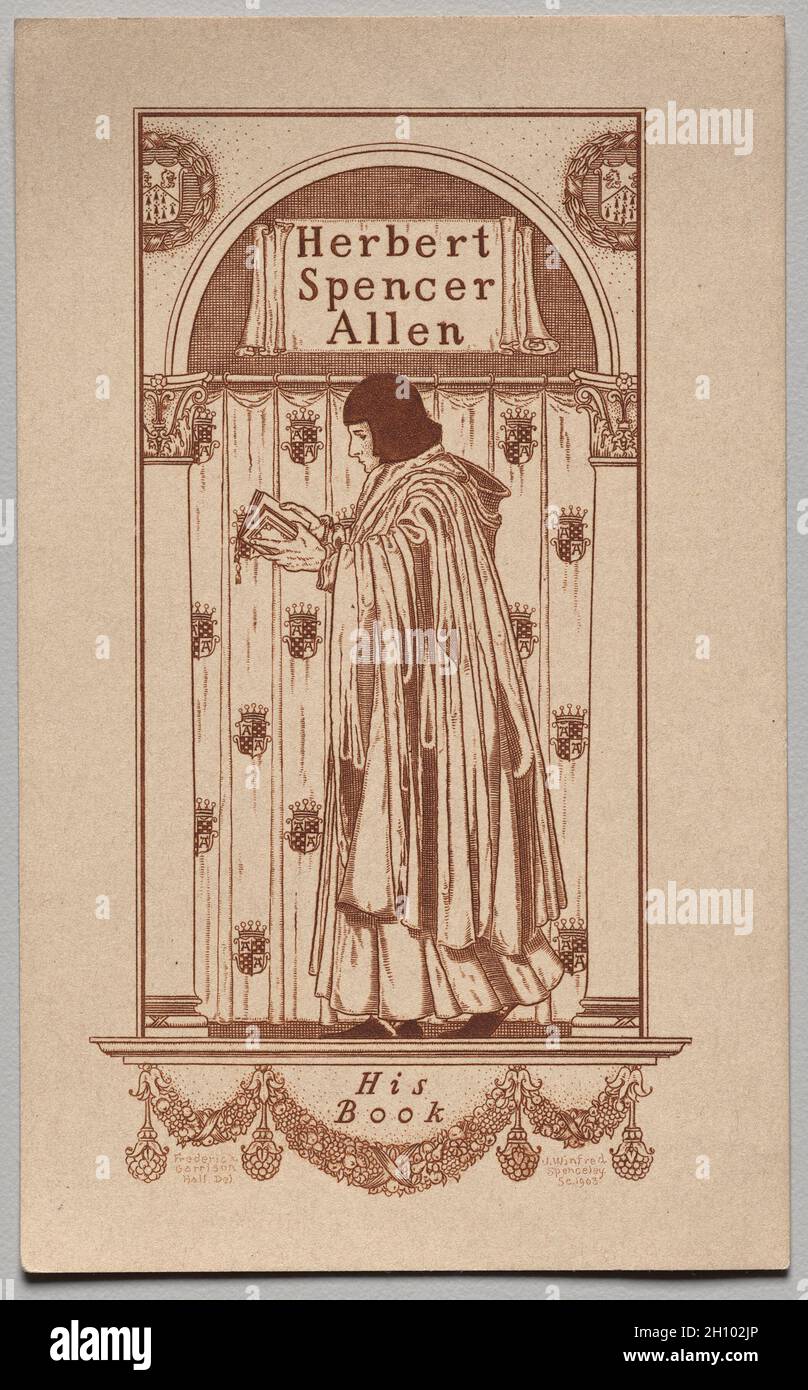 Bookplate: Herbert Spencer Allen, il suo libro inscritto, 1903. Frederick Garrison Hall (americano, 1879-1946). Incisione; Foto Stock