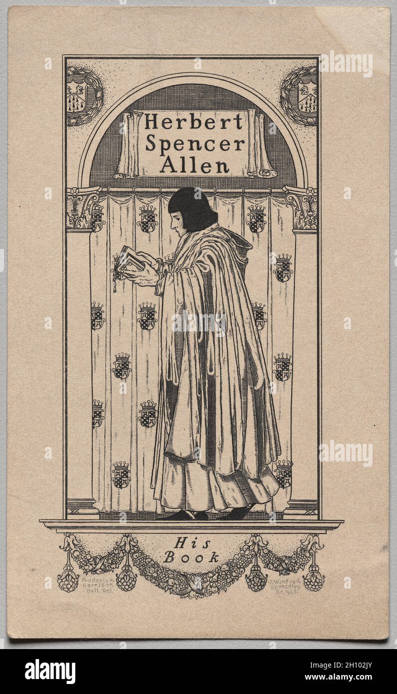 Bookplate: Herbert Spencer Allen, il suo libro inscritto, 1903. Frederick Garrison Hall (americano, 1879-1946). Incisione; Foto Stock