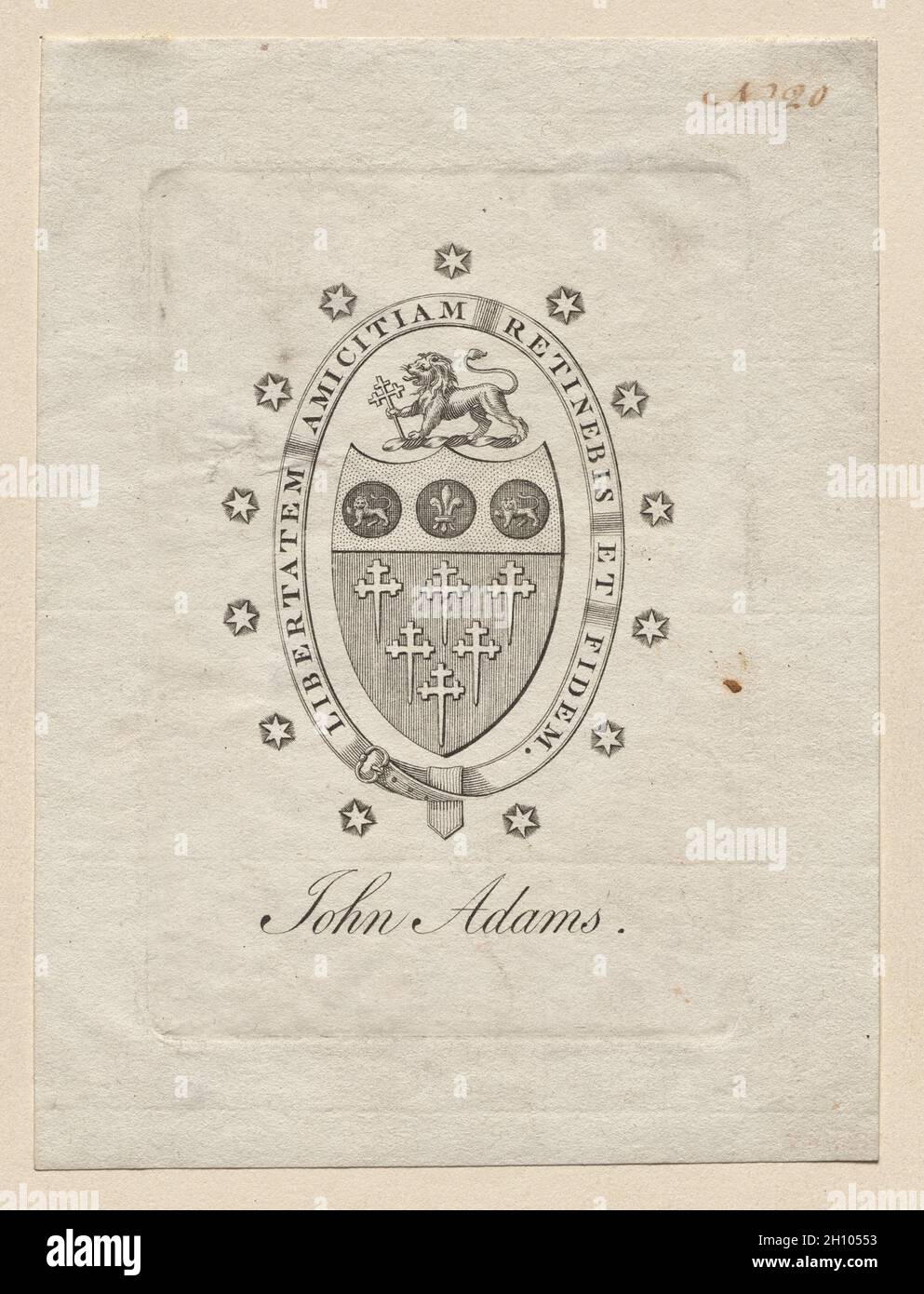 Bookplate: Stemma con Giovanni Adams inscritto sotto. America. Incisione; Foto Stock