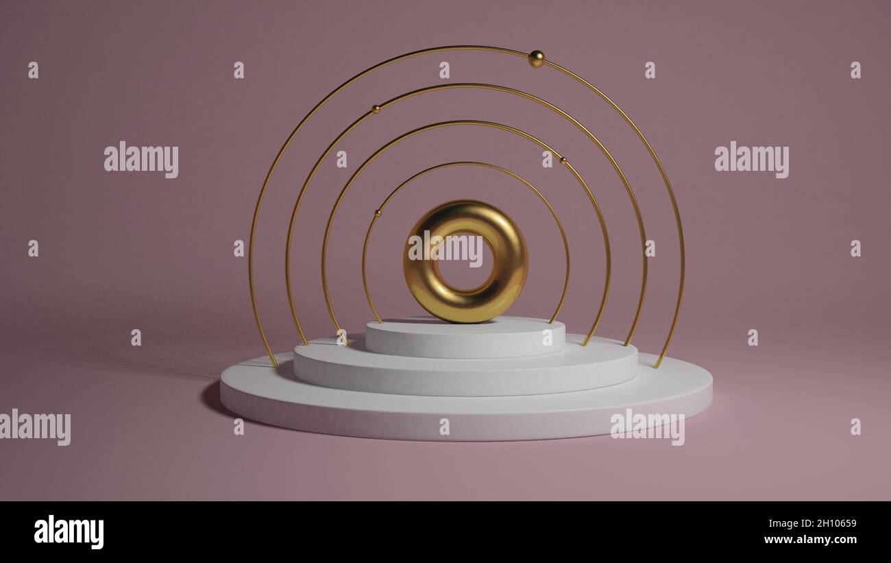 Astratto oro torus sul lusso mock up palcoscenico. Platform 3d rende podio su sfondo rosa in stile 3d. Podio sullo sfondo cosmetico. Studio piattaforma Foto Stock