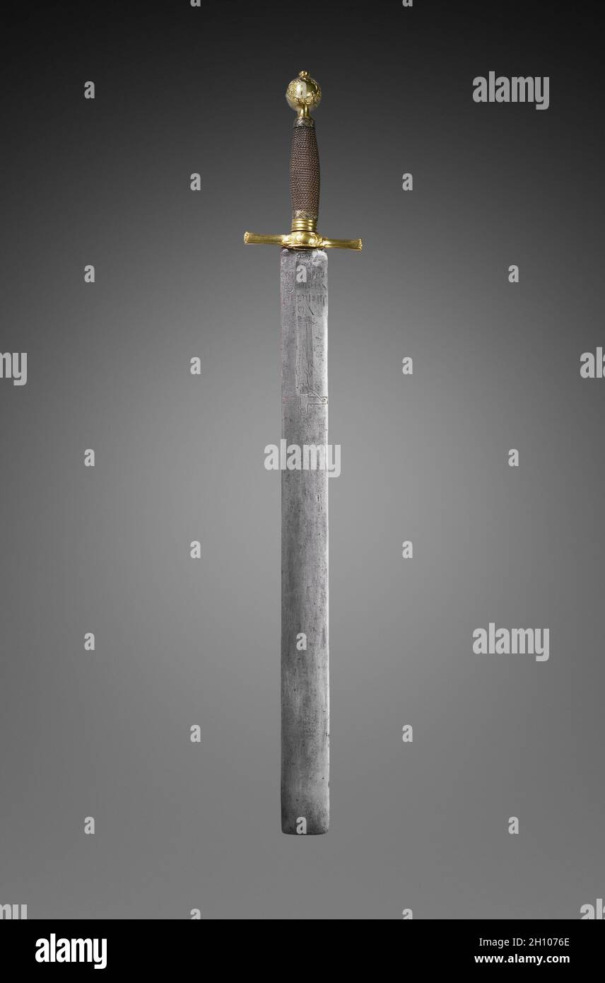 Carnefice la spada di blade, datata 1634. Germania, xvii secolo. Acciaio; complessivo: 98,1 cm (38 5/8 in.); blade: 75,3 cm (29 5/8 in.); quillions: 15,5 cm (6 1/8 in.); impugnatura: 22,5 cm (8 7/8 in.). Foto Stock