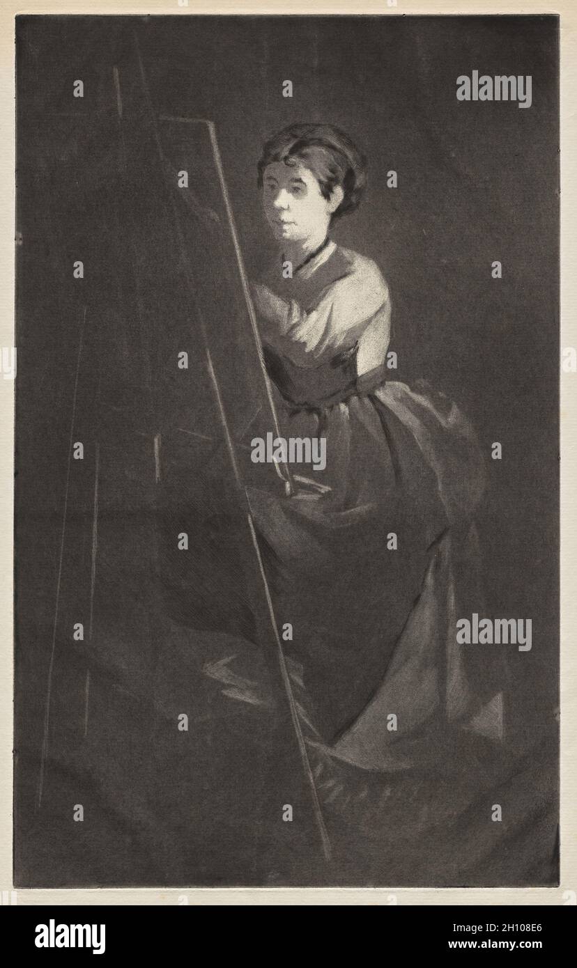 Giovane donna ad un Easel, c.. 1890. Henri Charles Guérard (francese, 1846-1897), dopo Eva Gonzalès (francese, 1849-1883). Acquatinta con punto secco; immagine: 47.4 x 29.7 cm (18 11/16 x 11 11/16 poll.). Anche se Henri Guérard era meglio conosciuto come stampante per gli impressionisti, era un abile printmaker originale e sperimentò avidamente con i materiali e le tecniche dell'incisione. Questa stampa è una delle tante che reinterpretano dipinti di sua moglie, Eva Gonzalès, un pittore morto in giovane età in parto. In questa stampa, Guérard incise un ritratto che Gonzalès creò di sua sorella, Jeanne, A. Foto Stock