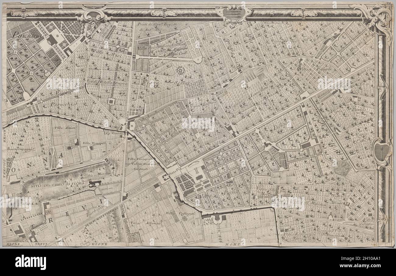 Nuova piana di Roma data in luce da Giambattista Nolli l’anno MDCCXLVII, nota come la piana Grande di Roma, 1748. Giovanni Battista Nolli (italiano, 1701-1756), inciso da Carlo Nolli (italiano, 1690-1790), inciso da Rocco pozzi (italiano, 1701-1774), inciso da Pietro Campana de Soriano (italiano, 1725-c. 1779), progettato da Stefano pozzi (italiano, 1699-1768). Incisione e incisione; foglio: 43 x 68.8 cm (16 15/16 x 27 1/16 poll.). La monumentale Pianta Grande di Roma, o Grande piano di Roma, che misura circa 5 x 7 piedi quando le sue dodici lastre sono assemblate, è un punto di riferimento in entrambe le cartografie A. Foto Stock