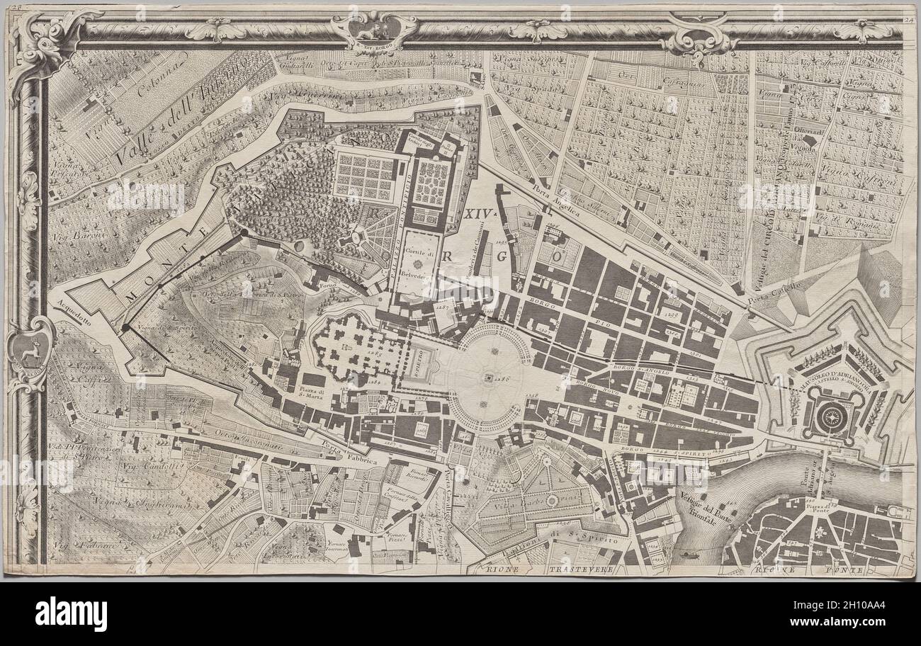 Nuova piana di Roma data in luce da Giambattista Nolli l’anno MDCCXLVII, nota come la piana Grande di Roma, 1748. Giovanni Battista Nolli (italiano, 1701-1756), inciso da Carlo Nolli (italiano, 1690-1790), inciso da Rocco pozzi (italiano, 1701-1774), inciso da Pietro Campana de Soriano (italiano, 1725-c. 1779), progettato da Stefano pozzi (italiano, 1699-1768). Incisione e incisione; foglio: 43.4 x 68.9 cm (17 1/16 x 27 1/8 poll.). La monumentale Pianta Grande di Roma, o Grande piano di Roma, che misura circa 5 x 7 piedi quando le sue dodici lastre sono assemblate, è un punto di riferimento in entrambe le cartografie A. Foto Stock