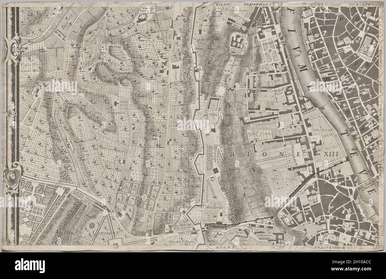 Nuova piana di Roma data in luce da Giambattista Nolli l’anno MDCCXLVII, nota come la piana Grande di Roma, 1748. Giovanni Battista Nolli (italiano, 1701-1756), inciso da Carlo Nolli (italiano, 1690-1790), inciso da Rocco pozzi (italiano, 1701-1774), inciso da Pietro Campana de Soriano (italiano, 1725-c. 1779), progettato da Stefano pozzi (italiano, 1699-1768). Incisione e incisione; foglio: 44.7 x 68.6 cm (17 5/8 x 27 poll.). La monumentale Pianta Grande di Roma, o Grande piano di Roma, che misura circa 5 x 7 piedi quando le sue dodici lastre sono assemblate, è un punto di riferimento sia nella cartografia che nel pr Foto Stock