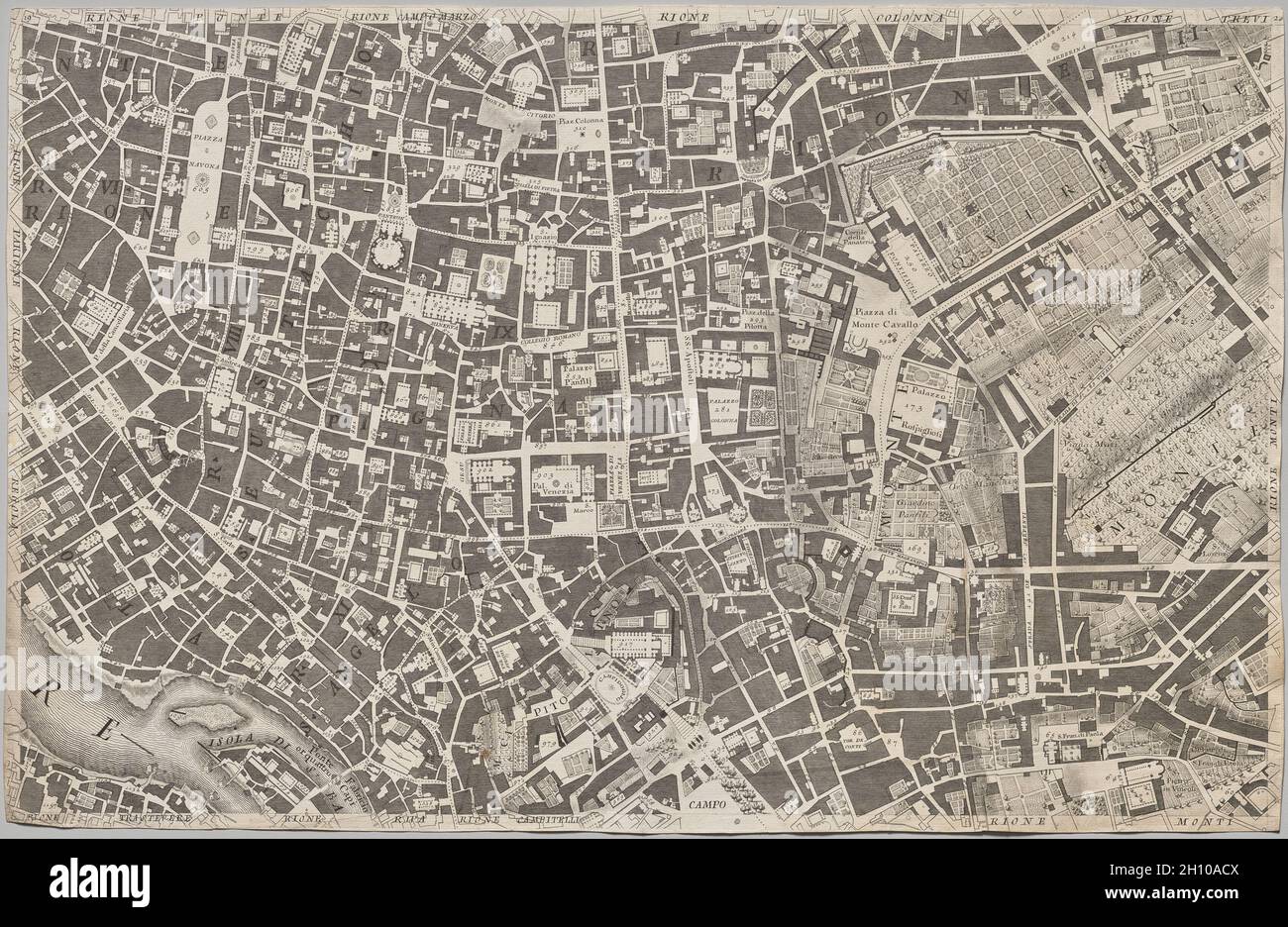 Nuova piana di Roma data in luce da Giambattista Nolli l’anno MDCCXLVII, nota come la piana Grande di Roma, 1748. Giovanni Battista Nolli (italiano, 1701-1756), inciso da Carlo Nolli (italiano, 1690-1790), inciso da Rocco pozzi (italiano, 1701-1774), inciso da Pietro Campana de Soriano (italiano, 1725-c. 1779), progettato da Stefano pozzi (italiano, 1699-1768). Incisione e incisione; foglio: 44.8 x 69.6 cm (17 5/8 x 27 3/8 poll.). La monumentale Pianta Grande di Roma, o Grande piano di Roma, che misura circa 5 x 7 piedi quando le sue dodici lastre sono assemblate, è un punto di riferimento in entrambe le cartografie e Foto Stock