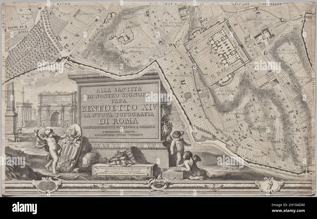 Nuova piana di Roma data in luce da Giambattista Nolli l’anno MDCCXLVII, nota come la piana Grande di Roma, 1748. Giovanni Battista Nolli (italiano, 1701-1756), inciso da Carlo Nolli (italiano, 1690-1790), inciso da Rocco pozzi (italiano, 1701-1774), inciso da Pietro Campana de Soriano (italiano, 1725-c. 1779), progettato da Stefano pozzi (italiano, 1699-1768). Incisione e incisione; foglio: 43 x 69.4 cm (16 15/16 x 27 5/16 poll.). La monumentale Pianta Grande di Roma, o Grande piano di Roma, che misura circa 5 x 7 piedi quando le sue dodici lastre sono assemblate, è un punto di riferimento in entrambe le cartografie A. Foto Stock