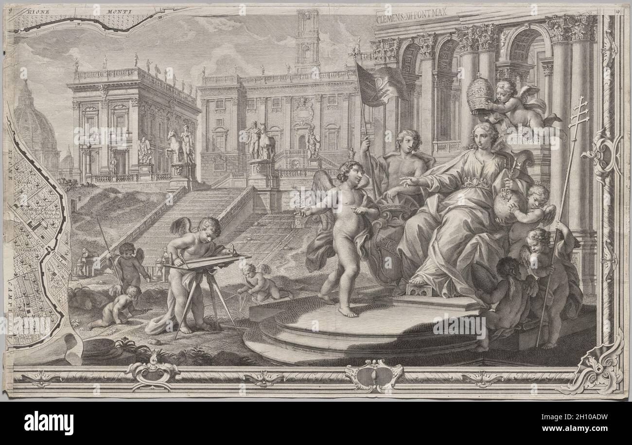 Nuova piana di Roma data in luce da Giambattista Nolli l’anno MDCCXLVII, nota come la piana Grande di Roma, 1748. Giovanni Battista Nolli (italiano, 1701-1756), inciso da Carlo Nolli (italiano, 1690-1790), inciso da Rocco pozzi (italiano, 1701-1774), inciso da Pietro Campana de Soriano (italiano, 1725-c. 1779), progettato da Stefano pozzi (italiano, 1699-1768). Incisione e incisione; foglio: 43.6 x 69 cm (17 3/16 x 27 3/16 poll.). La monumentale Pianta Grande di Roma, o Grande piano di Roma, che misura circa 5 x 7 piedi quando le sue dodici lastre sono assemblate, è un punto di riferimento in entrambe le cartografie e Foto Stock