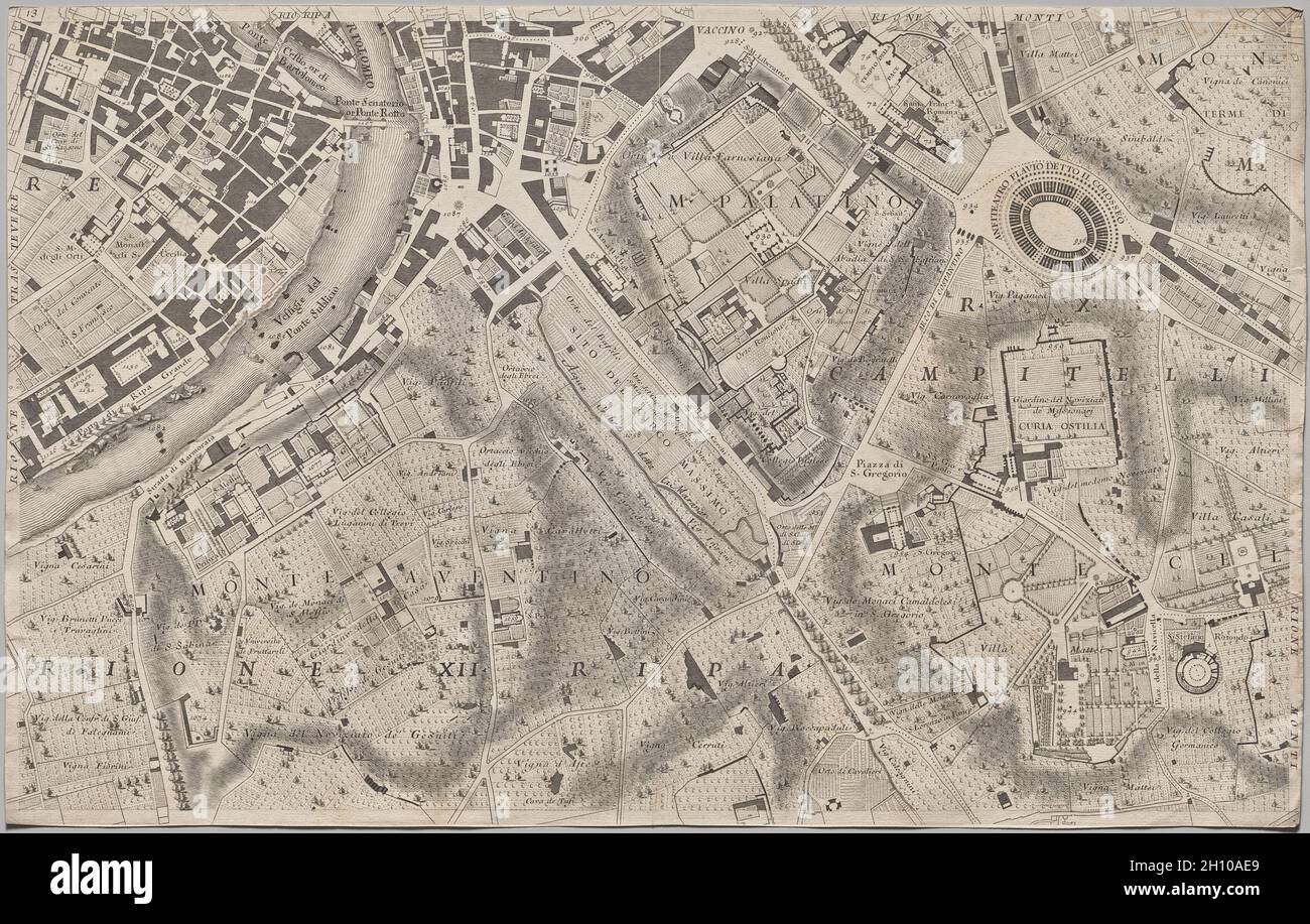 Nuova piana di Roma data in luce da Giambattista Nolli l’anno MDCCXLVII, nota come la piana Grande di Roma, 1748. Giovanni Battista Nolli (italiano, 1701-1756), inciso da Carlo Nolli (italiano, 1690-1790), inciso da Rocco pozzi (italiano, 1701-1774), inciso da Pietro Campana de Soriano (italiano, 1725-c. 1779), progettato da Stefano pozzi (italiano, 1699-1768). Incisione e incisione; foglio: 43.8 x 69.2 cm (17 1/4 x 27 1/4 poll.). La monumentale Pianta Grande di Roma, o Grande piano di Roma, che misura circa 5 x 7 piedi quando le sue dodici lastre sono assemblate, è un punto di riferimento in entrambe le cartografie e Foto Stock