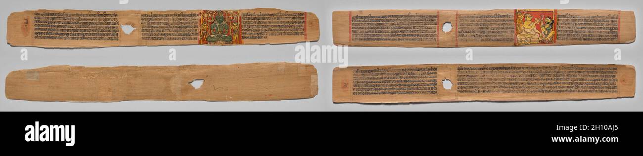 Due Folios da un manoscritto di Jain: Grande poema su Twos (Dvyashraya Mahakavya) di Hemachandra con commento di Abhayatilaka, c. 1275–1300. India occidentale, Gujarat. Tempera di gomma e inchiostro su foglia di palma; parte 2: 5.7 x 47 cm (2 1/4 x 18 1/2 poll.); parte 1: 5.7 x 45.7 cm (2 1/4 x 18 poll.). I primi due foglios di questo articolo manoscritto hanno dipinti adiacenti: Il primo è l'immagine verde di Parshva, un essere liberato conosciuto come Jina, e il secondo raffigura l'autore del testo, Hemachandra (1088-1173), come un monaco con il suo patrono reale Kumarapala (regnato 1143-1172). Il testo di questo manoscritto Foto Stock