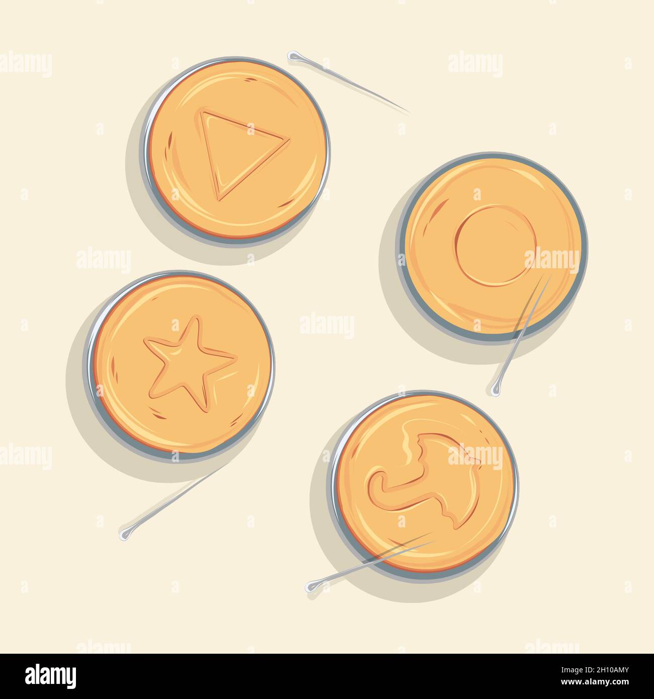 Dalgona Cookies di Honeycomb Squid Games. Fan Art serie coreana. Triangolo della stella circolare e ombrello. Biscotti di zucchero per bambini coreani. Illustrazione Vettoriale