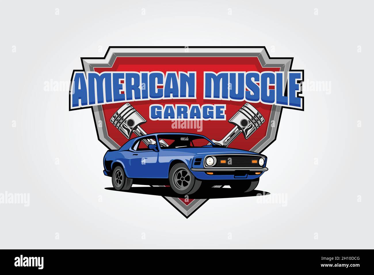 American Muscle Garage Logo Design. Questo logo può essere utilizzato per garage auto vecchio stile o classico, negozi, riparazioni, restauri. Illustrazione Vettoriale
