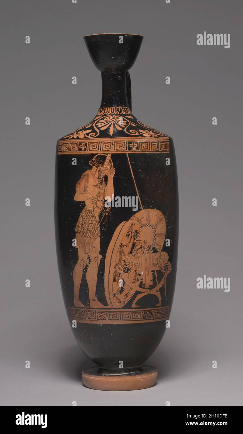 Lekythos (vaso d'olio) in figura rossa: Capelli da taglio guerriero, c.. 480-470 A.C. Attribuito a Oionokles Pittore (greco, Attico, attivo c.. 480-460 A.C.). Ceramica; totale: 43.5 x 16.5 cm (17 1/8 x 6 1/2 poll.). Foto Stock