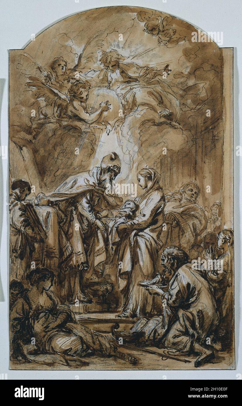 La presentazione al tempio, c. 1770. François Boucher (Francese, 1703-1770). Penna e inchiostro bruno, spazzola e lavaggio marrone e nero chalk, rafforzata con vernice bianca, framing linee in inchiostro marrone; foglio: 32,3 x 20 cm (12 11/16 x 7 7/8 in.); incorniciato: 66 x 50,9 x 6,4 cm (26 x 20 1/16 x 2 1/2 in.). Foto Stock