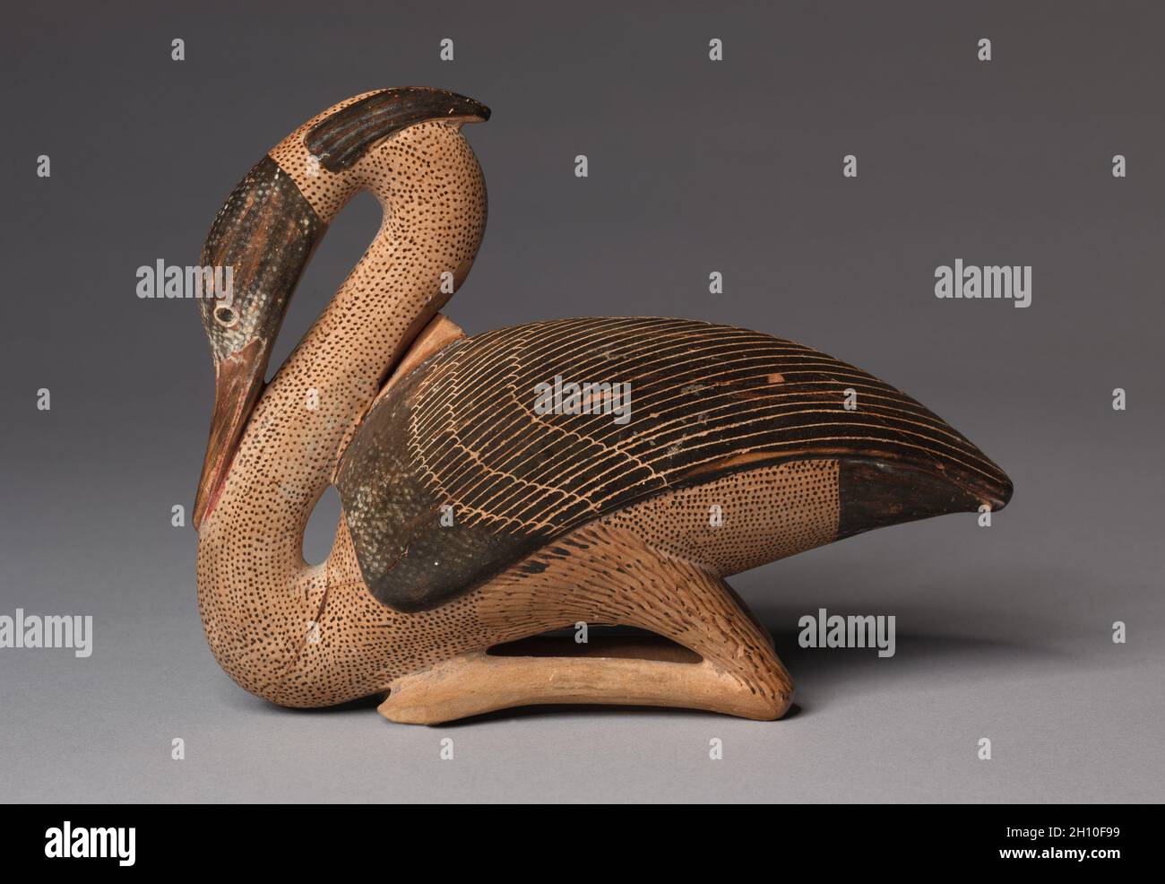 Vaso di figura a forma di airone (serbatoio dell'olio), c. 580 A.C. Assegnato al Gruppo Robertson. Ceramica; totale: 13 x 5.8 cm (5 1/8 x 2 5/16 poll.). Foto Stock