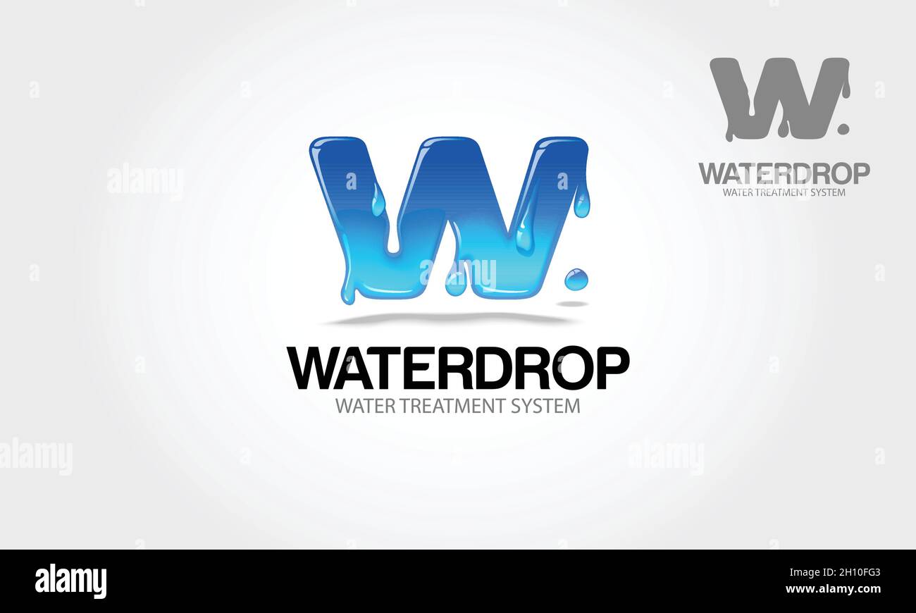 Waterdrop Water Treatment System Vector Logo Illustration. Logo con lettera W con acqua blu e gocce. Sistema di trattamento dell'acqua. Modello di disegno vettoriale. Illustrazione Vettoriale