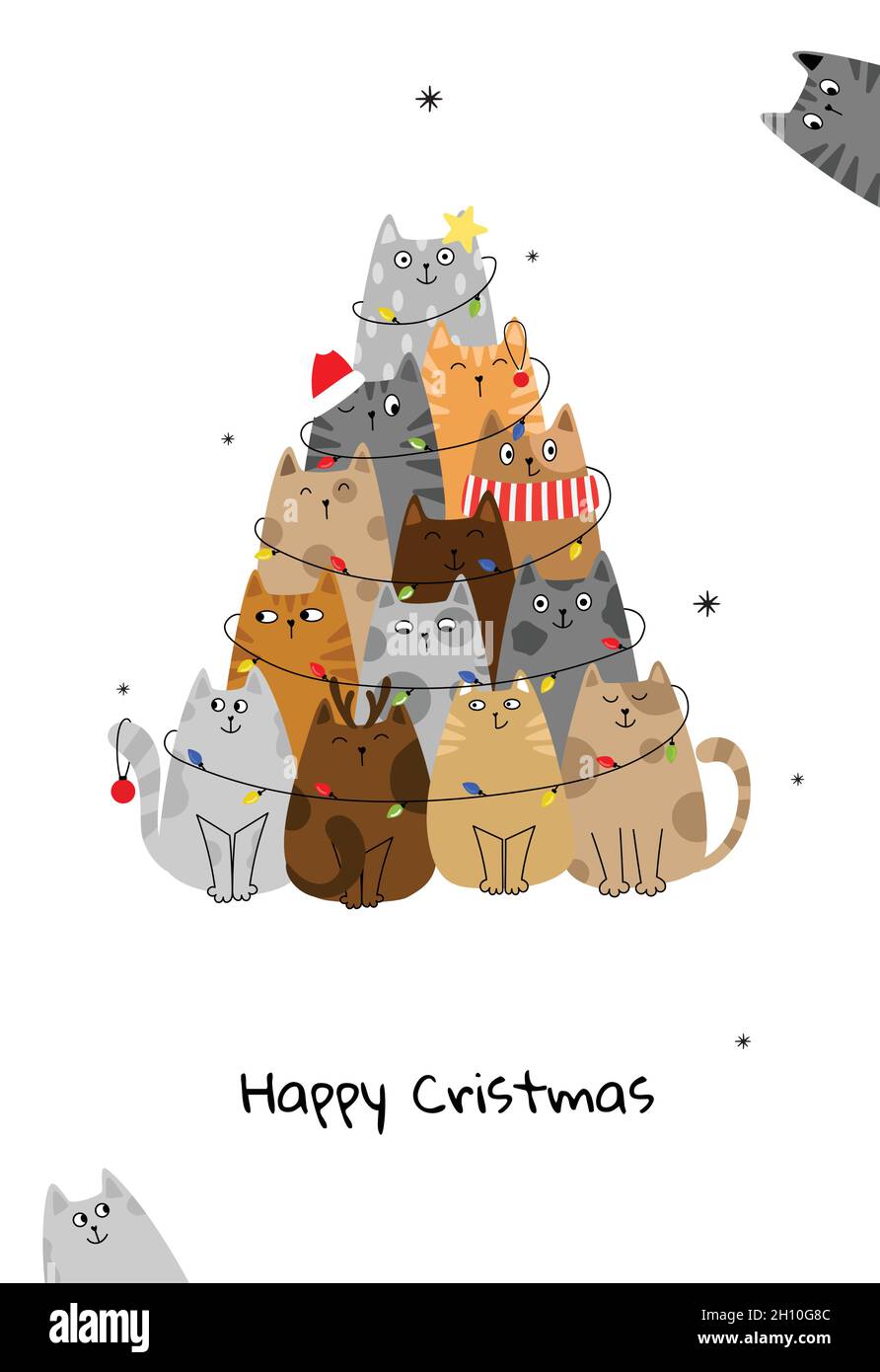Albero di Natale con gatti. Stile fumetto Doodle. Illustrazione Vettoriale