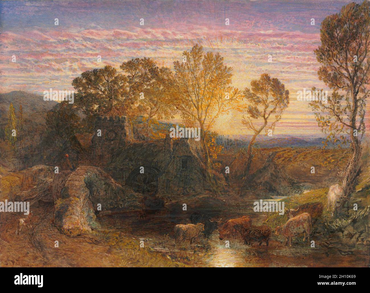 L'ora d'oro, 1865. Samuel Palmer (britannico, 1805-1881). Acquerello e gouache con grafite e raschiatura; foglio: 25.6 x 35.4 cm (10 1/16 x 13 15/16 poll.). Foto Stock