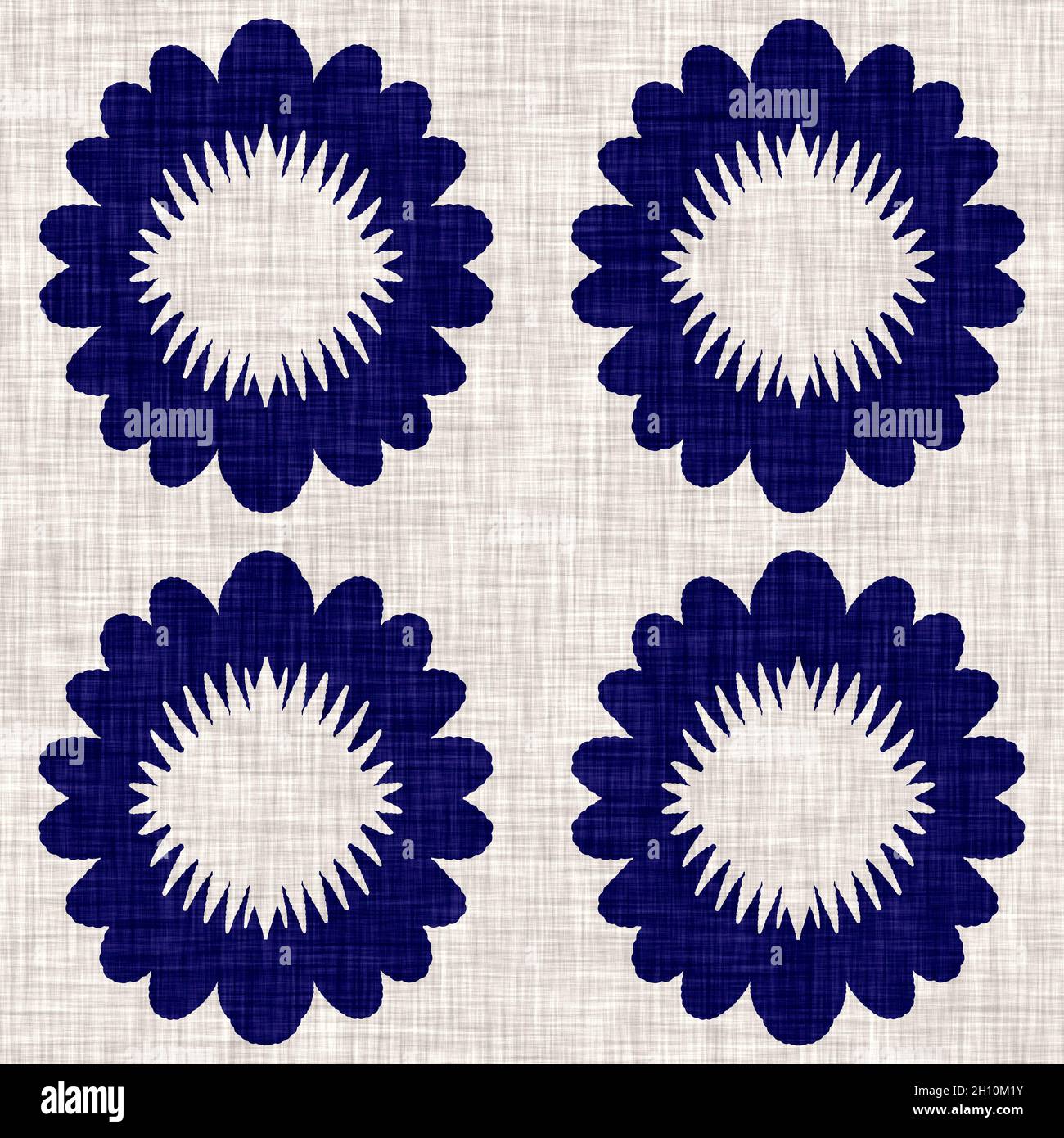 Indigo blu fiore blocco stampa tinta tessuto di lino sfondo. Campione giapponese di ripetizione batik tessuto senza cuciture. Sfocatura floreale organica afflosciata Foto Stock