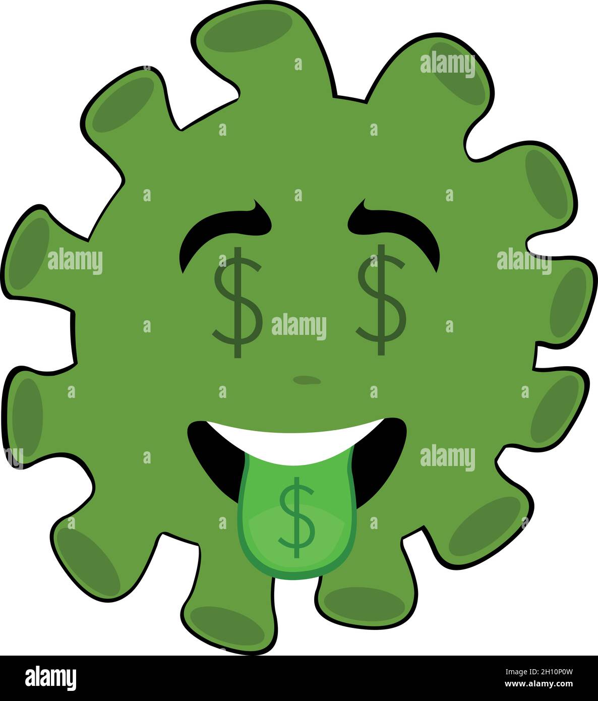 Illustrazione di emoticon vettoriale di un cartone animato batteri, virus o microbo con il segno del dollaro nei suoi occhi e la lingua che si attacca Illustrazione Vettoriale