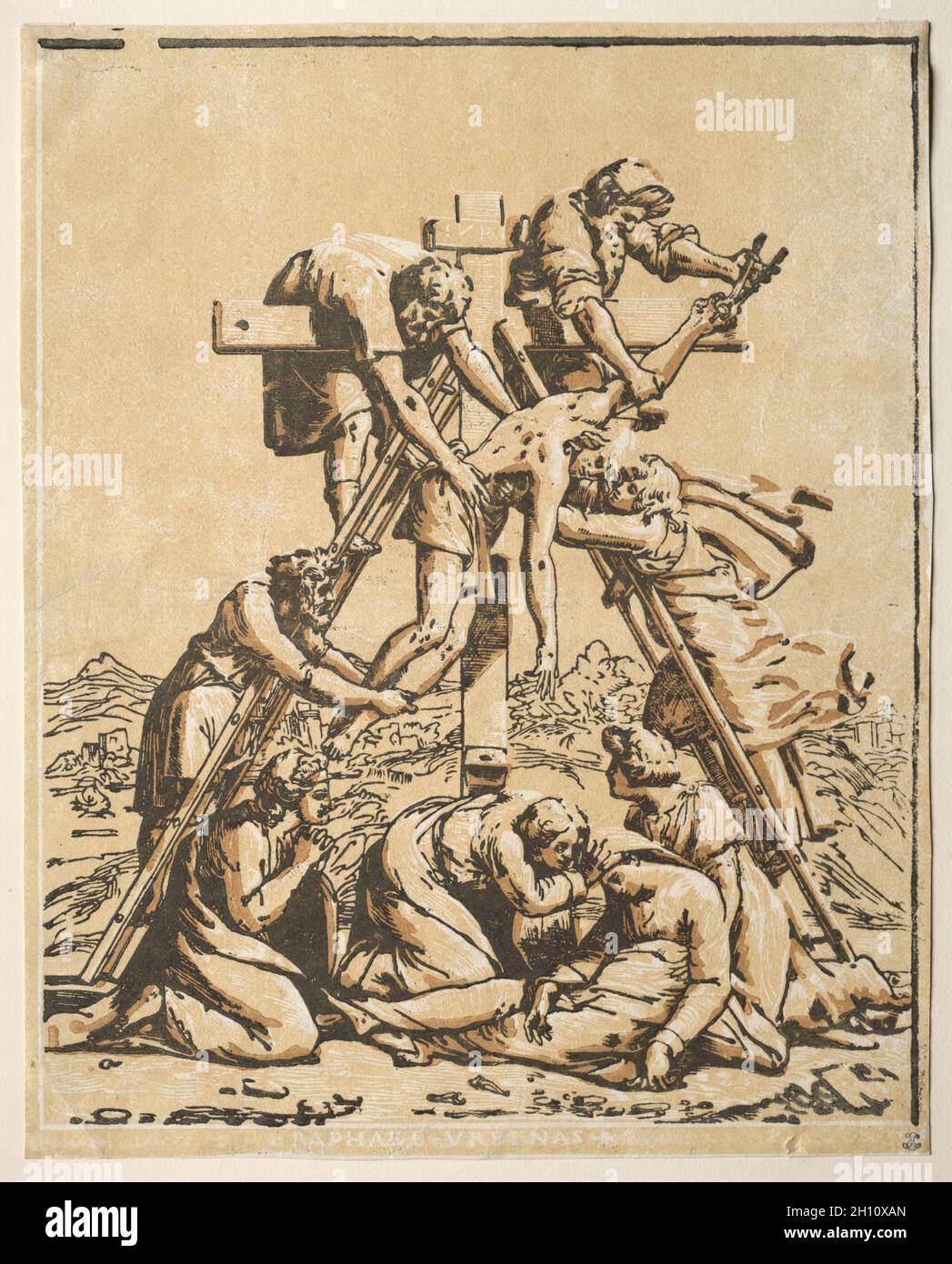 Discesa dalla Croce. Ugo da Carpi (italiano, c.. 1479-c. 1532), dopo Raffaello (1483-1520). Taglio di chiaroscuro; Foto Stock