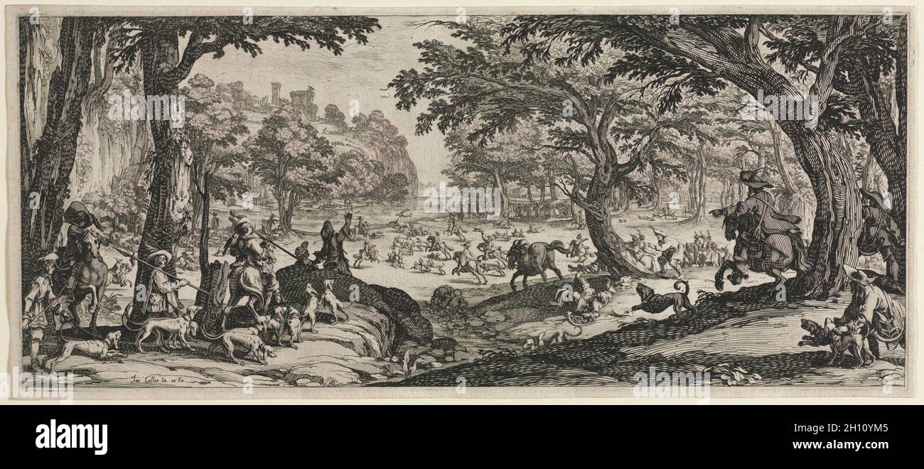 The Large Hunt, 1619. Jacques Callot (francese, 1592-1635). Incisione; foglio: 20.7 x 47.1 cm (8 1/8 x 18 9/16 poll.); platemark: 19.8 x 46.3 cm (7 13/16 x 18 1/4 poll.). Foto Stock