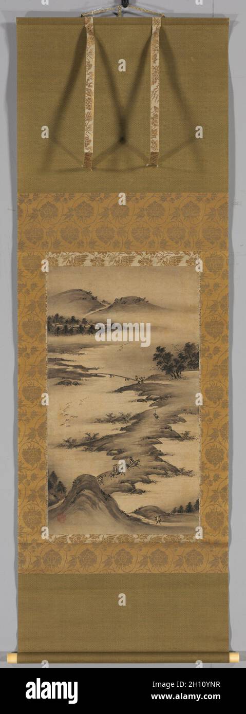 Paesaggi di Stagione: Autunno, a tardo 1500s. Kano Hideyori (giapponese, attivo a tardo cinquecento). Appendere scorrere, inchiostro su carta; immagine: 165.7 x 59,7 cm (65 1/4 x 23 1/2 in.); montato: 153,5 x 50,3 cm (60 7/16 x 19 13/16 in.); con manopole: 153,5 x 55,1 cm (60 7/16 x 21 11/16 in.). Foto Stock