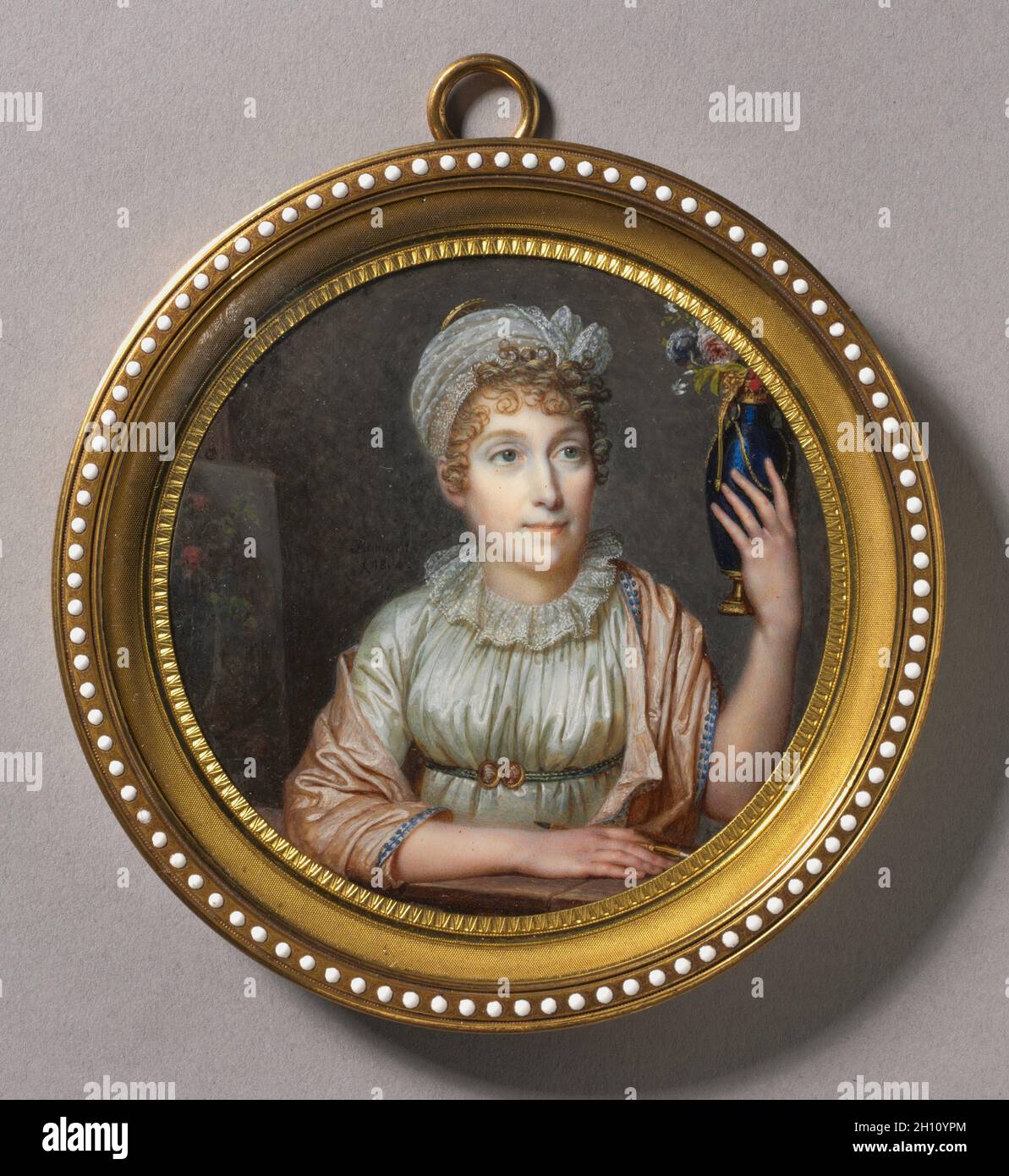 Ritratto di Anne Vallayer-Coster, 1804. François Dumont (Francese, 1751-1831). Acquerello su avorio in metallo dorato e smalto frame; diametro: 7,6 cm (3 in.); diametro del telaio: 10,2 cm (4 in.). Foto Stock