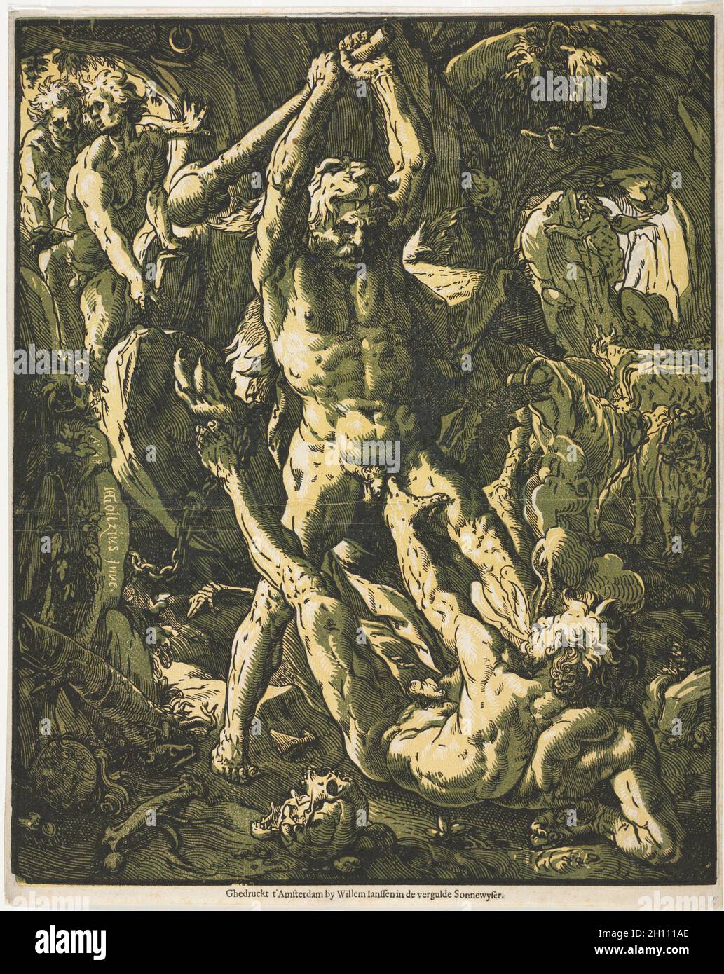 Ercole e Caco, 1588. Hendrick Goltzius (olandese, 1558–1617). Taglio in legno chiaroscuro (nero, verde e giallo); foglio: 42.8 x 33.9 cm (16 7/8 x 13 3/8 poll.); immagine: 41 x 33.2 cm (16 1/8 x 13 1/16 poll.). Foto Stock