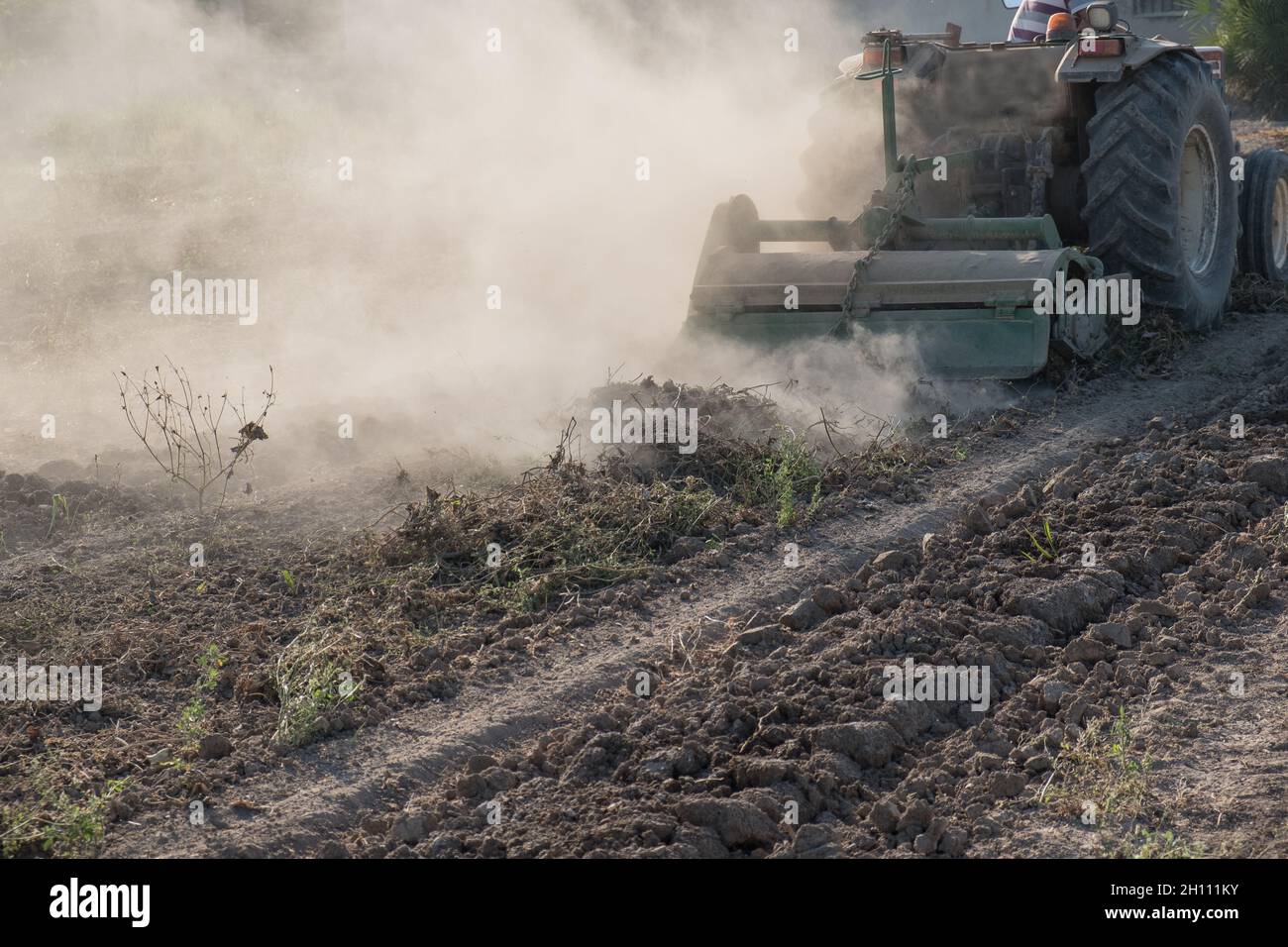 giovane agricoltore che prepara il terreno per il nuovo raccolto sul suo trattore avvolto in polvere Foto Stock